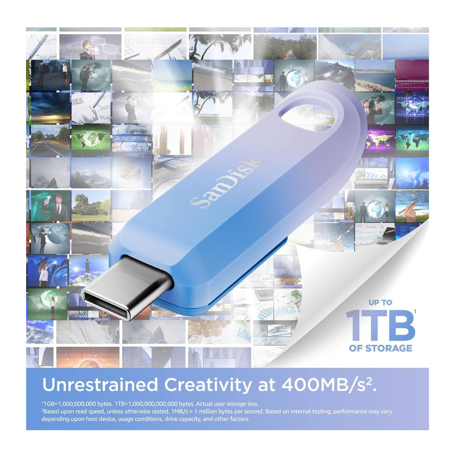 SanDisk UP TO 1TB OF STORAGE  
Unrestrained Creativity at 400MB/s².  
1GB=1,000,000,000 bytes.  
1TB=1,000,000,000,000 bytes.  
Actual user storage less.  
"Based upon read speed, unless otherwise stated. 1MB/s = 1 million bytes per second. Based on internal testing; performance may vary depending upon host device, usage conditions, drive capacity, and other factors.