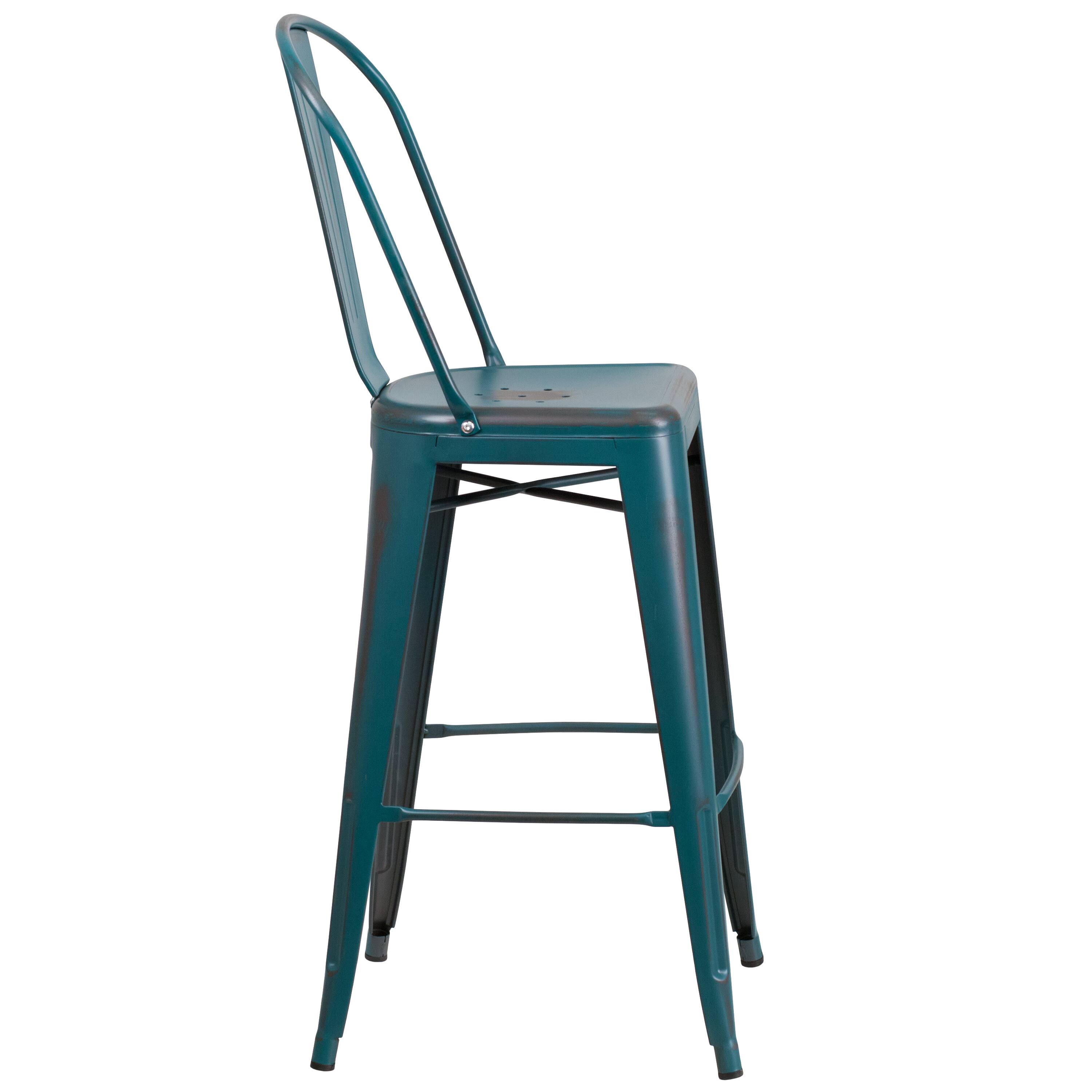Alt View 7. Emma + Oliver - Commercial Grade 4 Pack 30" High Distressed Metal Indoor-Outdoor Barstool with Back - Kelly Blue-Teal.