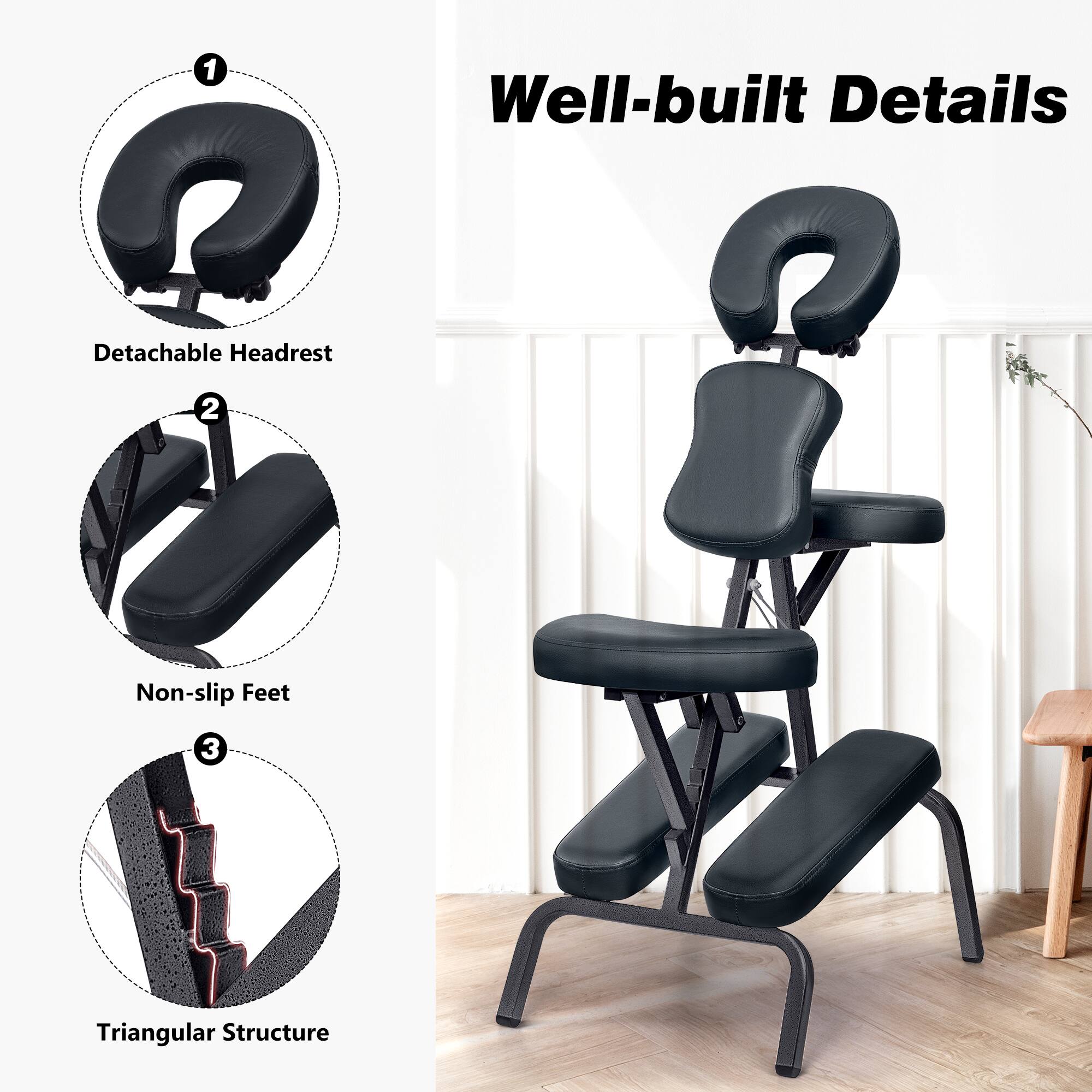 1. Detachable Headrest
2. Non-slip Feet
3. Triangular Structure