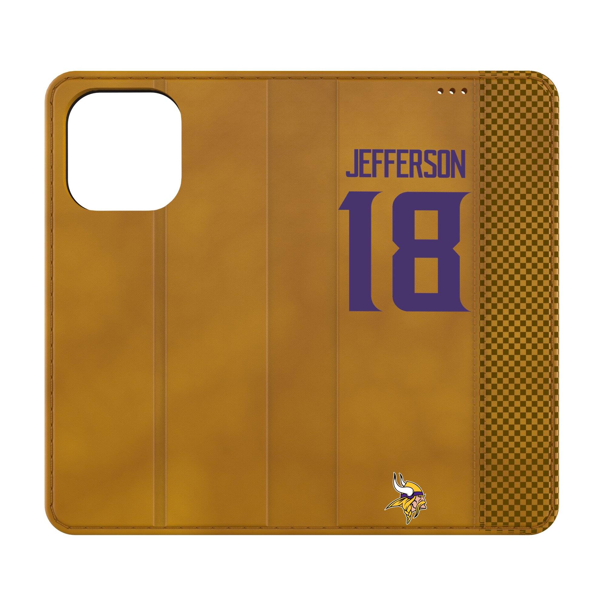 Front. Keyscaper - Justin Jefferson Brown Minnesota Vikings Folio iPhone Case - 16 Pro - Brown.