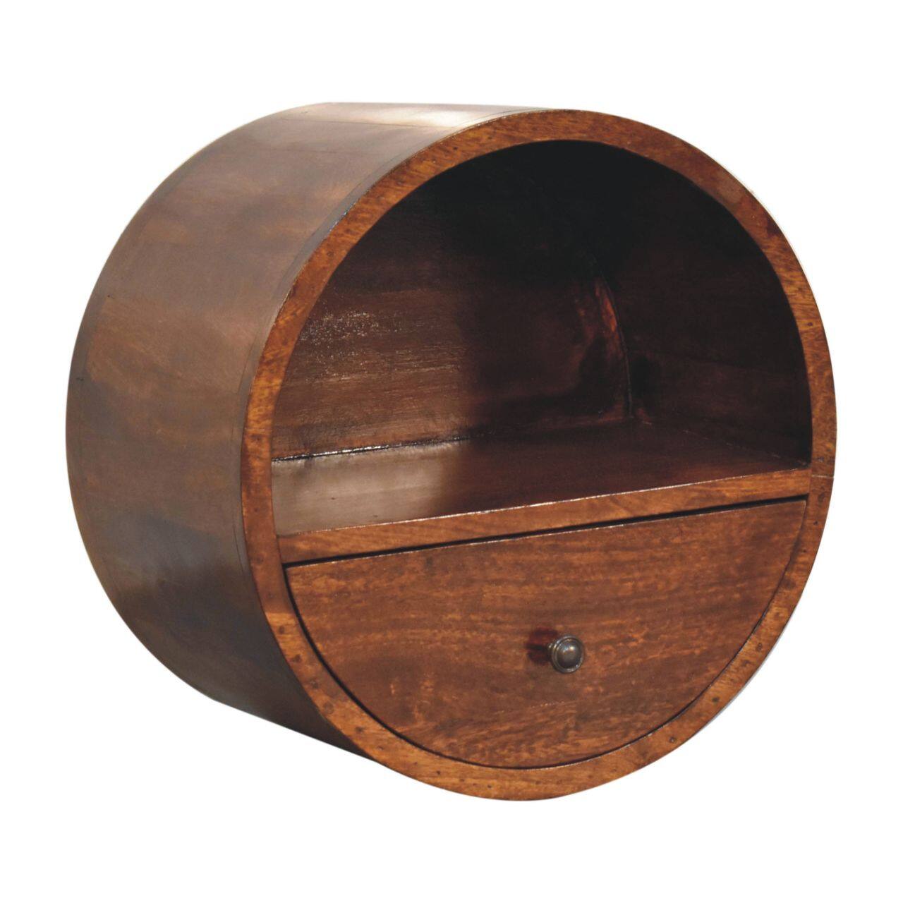 Back. Artisan Furniture - Artisan Furniture Solid Wood Floating Circle Chestnut Bedside, 1 Drawer, 1 Open Slot, Dark Brown - Chestnut.