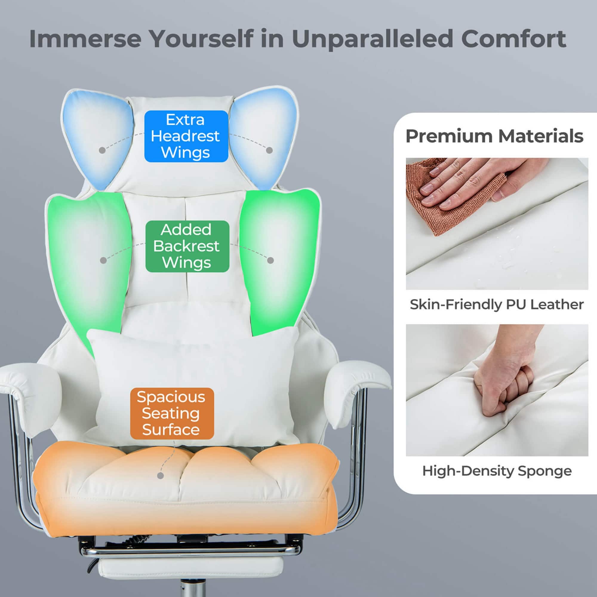 Immerse Yourself in Unparalleled Comfort: Extra Headrest Wings, Premium Materials, Added Backrest Wings, Skin-Friendly PU Leather, Spacious Seating Surface, High-Density Sponge.