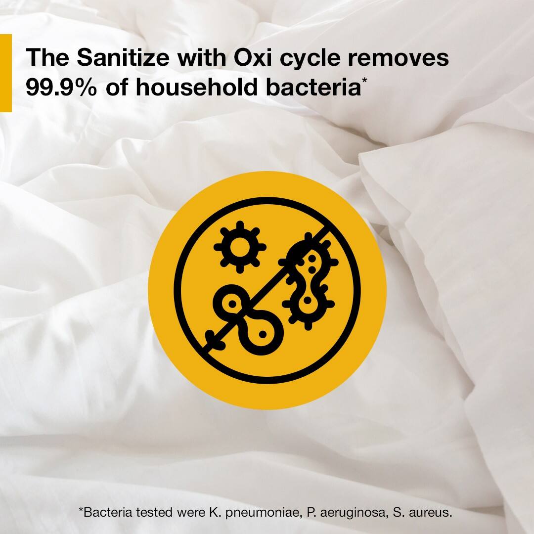 The Sanitize with Oxi cycle removes 99.9% of household bacteria*

*Bacteria tested were K. pneumoniae, P. aeruginosa, S. aureus.