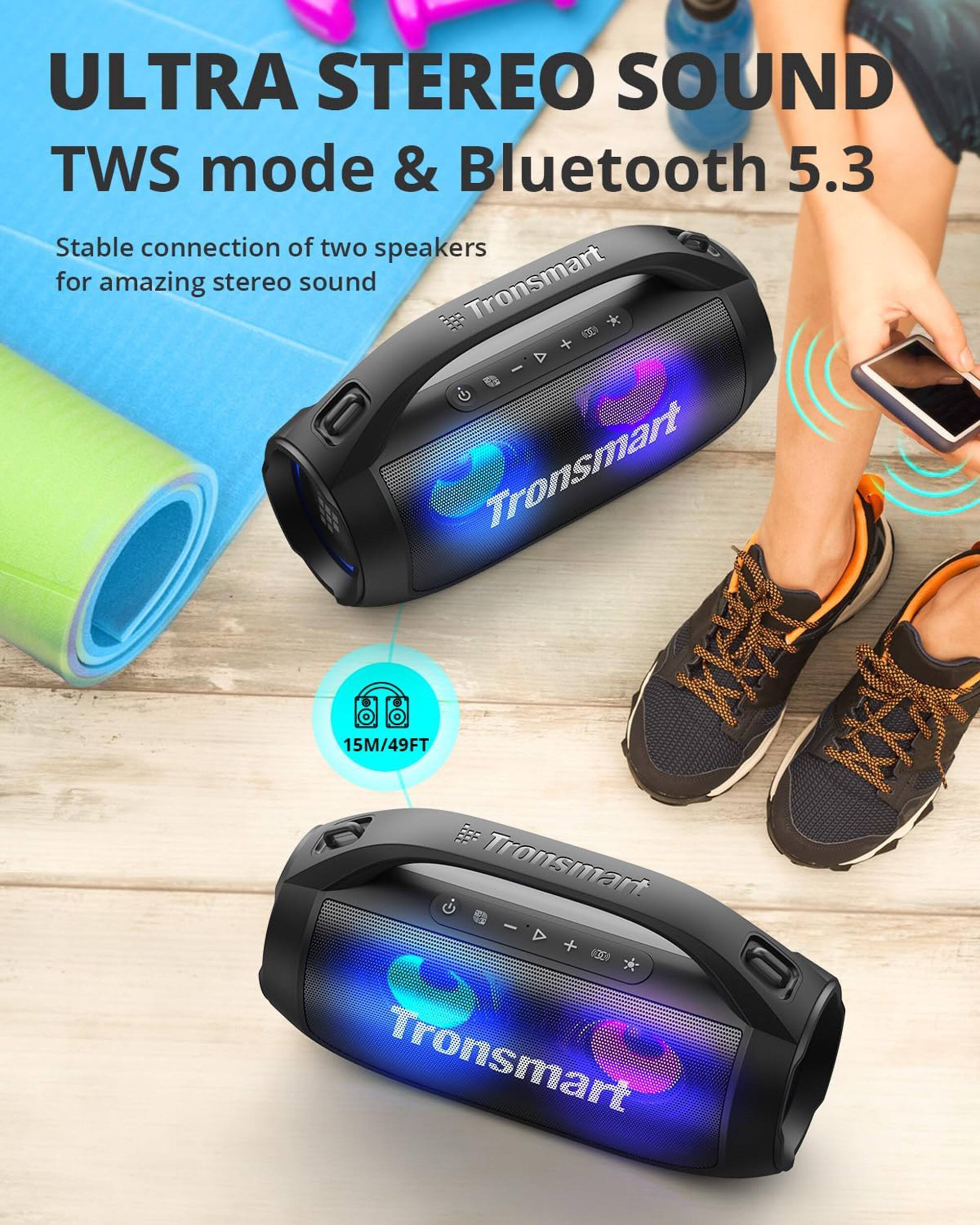 The text on the image is grouped and corrected as follows:

ULTRA STEREO SOUND TWS mode & Bluetooth 5.3 Stable connection of two speakers for amazing stereo sound Tronsmart T O Tronsmart 6 KWO 15M/49FT Tronsmart - 2 Tronsmart