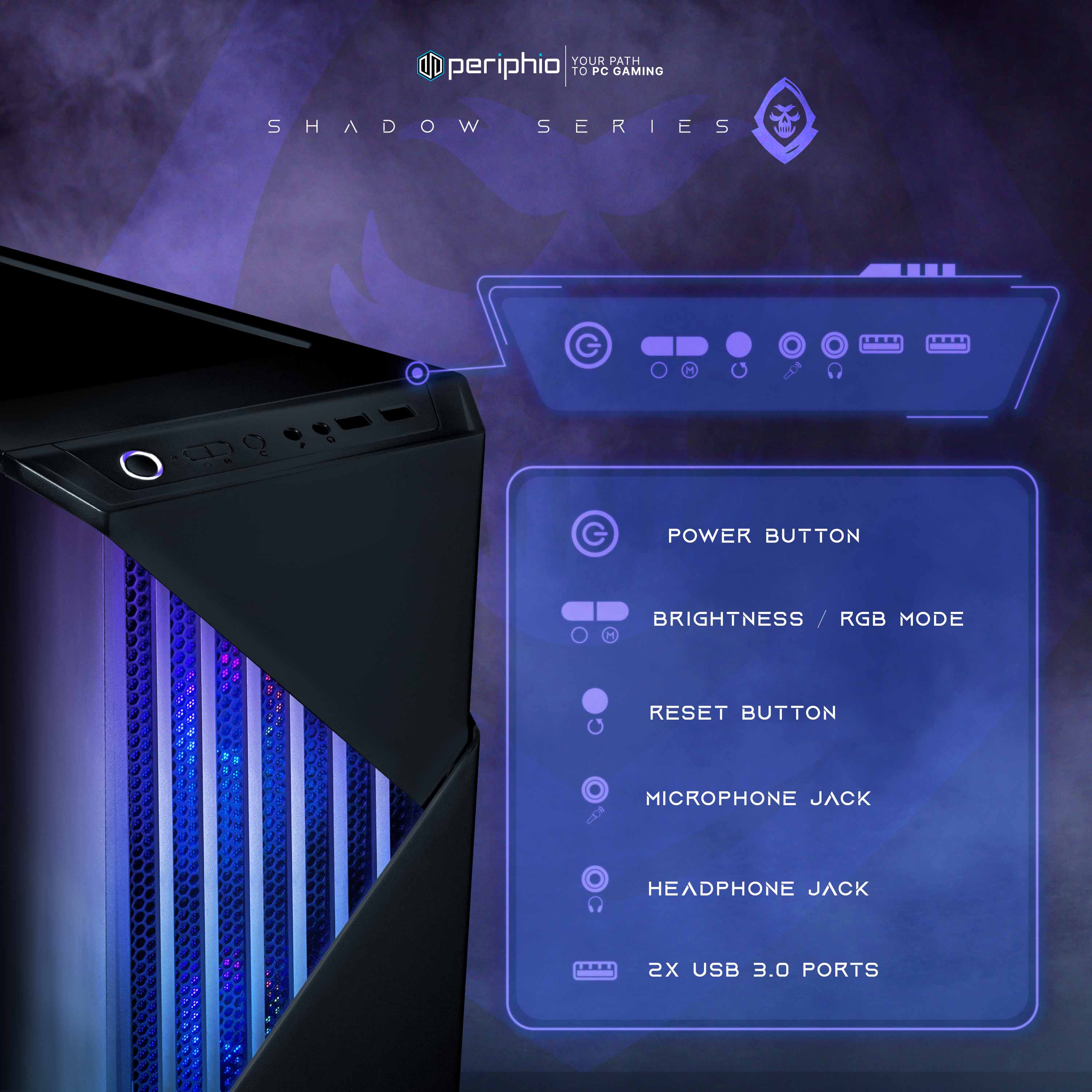 YOUR PATH TO PC GAMING  
SHADOW SERIES  
1. POWER BUTTON  
2. BRIGHTNESS / RGB MODE  
3. RESET BUTTON  
4. MICROPHONE JACK  
5. HEADPHONE JACK  
6. 2X USB 3.0 PORTS