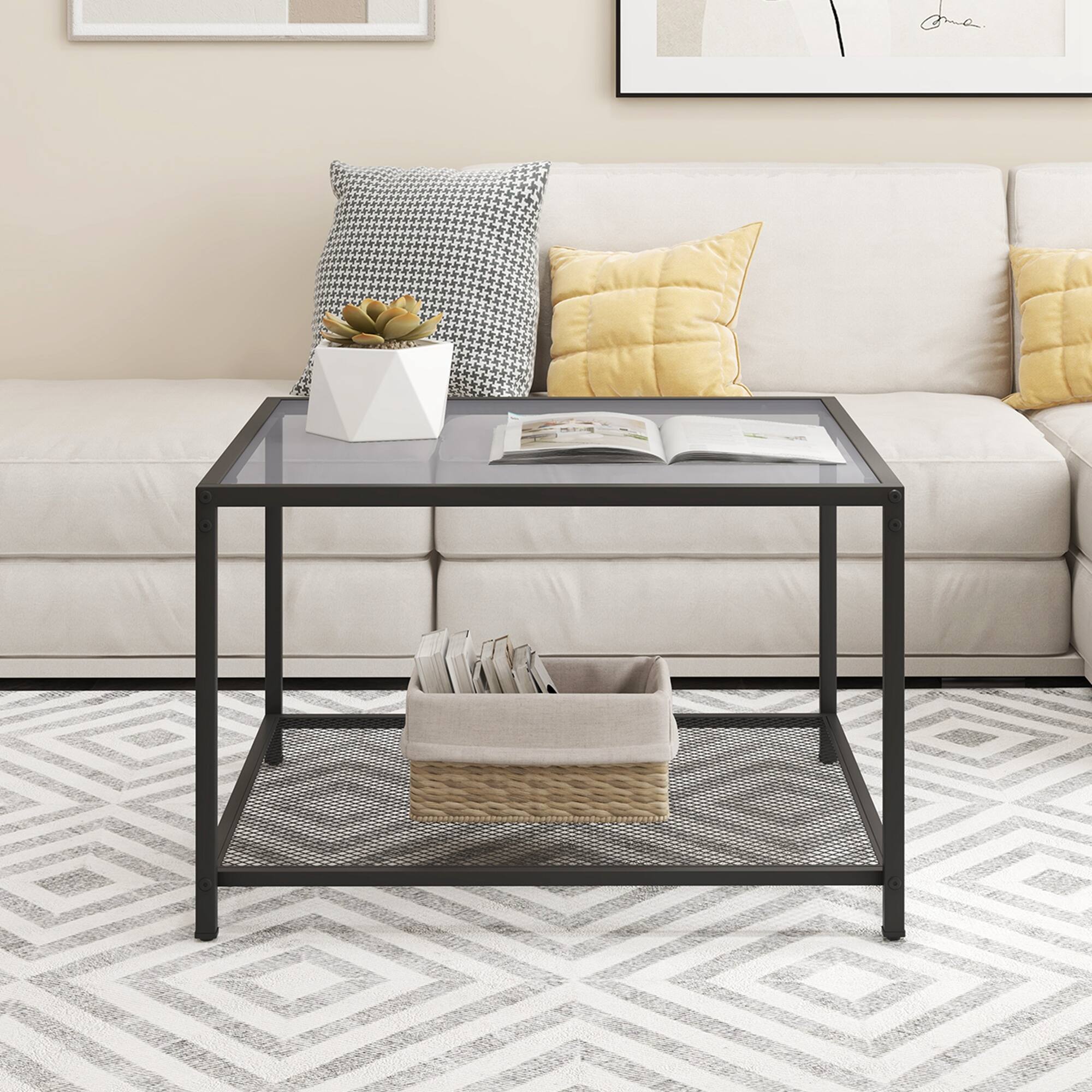 Alt View 11. Costway - Glass Coffee Table 27.5 Inch 2-Tier Square with Mesh Shelf Living Room Grey - Grey and Black.
