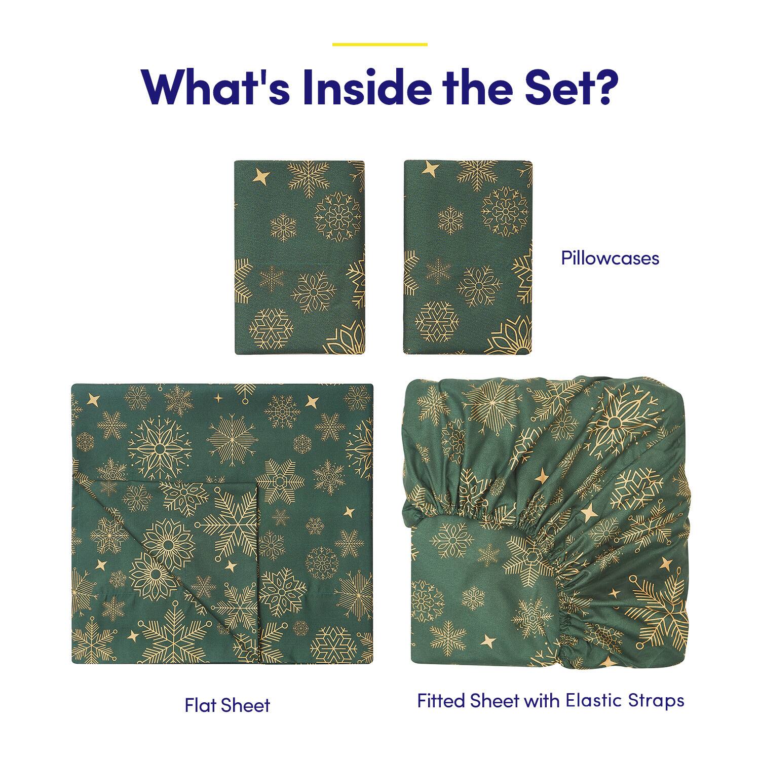What's Inside the Set?

- Pillowcases
- Flat Sheet
- Fitted Sheet with Elastic Straps