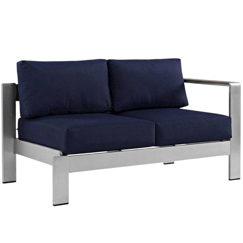 Front. Outdoor Escape - Outdoor Left-Arm Corner Sectional Loveseat - Aluminum Frame, Cushioned Seating - Silver.