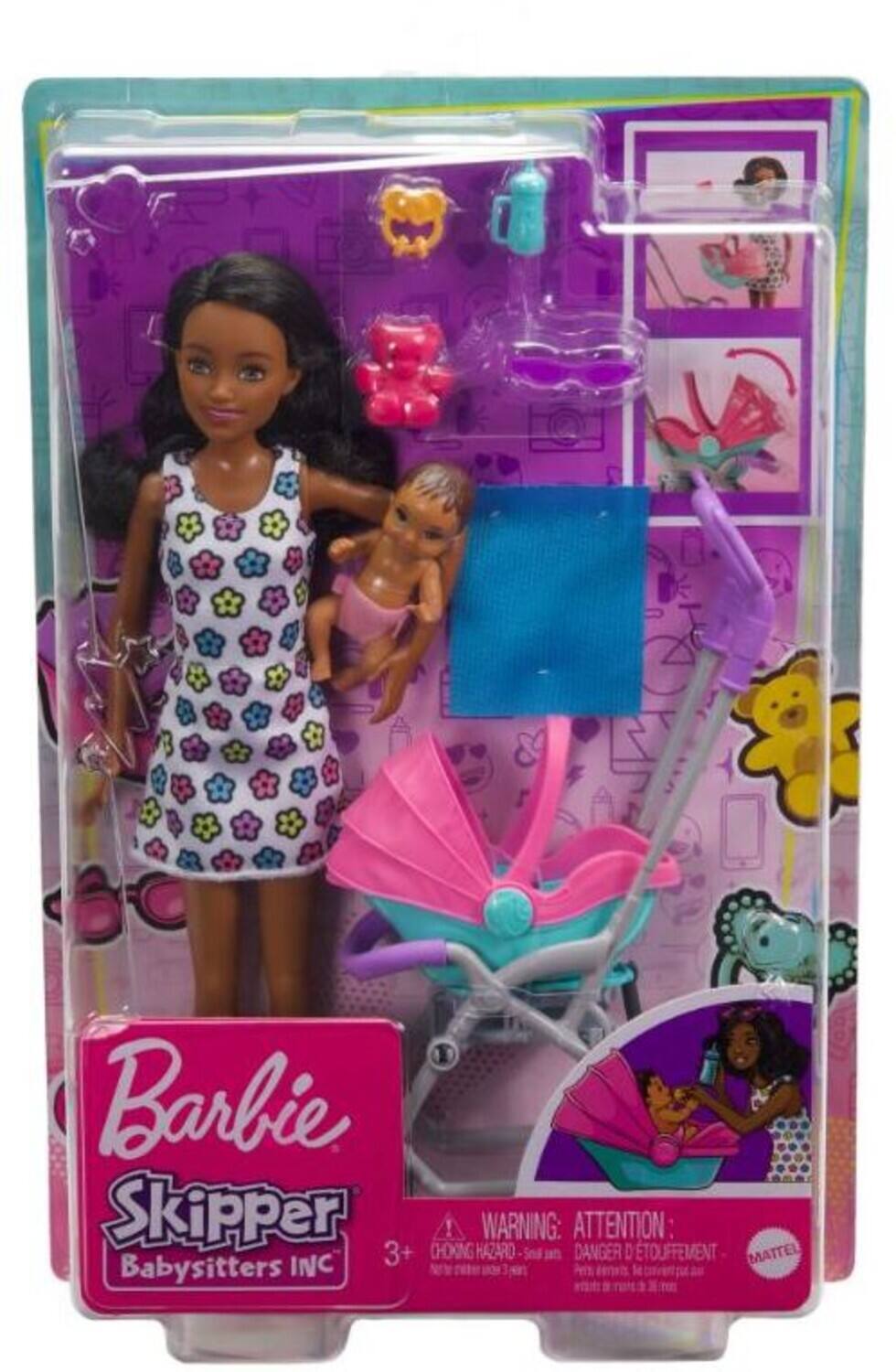 Barbie Skipper  
Babysitters Inc.  

WARNING: ATTENTION:  
3+ CHOKING HAZARD - DANGER DE TOUFFEMENT  
Small parts. Not for children under 3 years.  
Pequeñas piezas. No conviene para menores de 3 años.