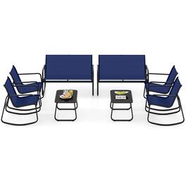 Costway - 8 PCS Patio Rocking Set 4 Rocking Chairs & Loveseat with Glass-Top Table Outdoor - Navy,Black