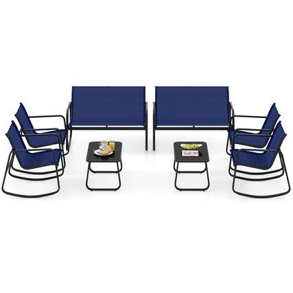Front. Costway - 8 PCS Patio Rocking Set 4 Rocking Chairs & Loveseat with Glass-Top Table Outdoor - Navy,Black.