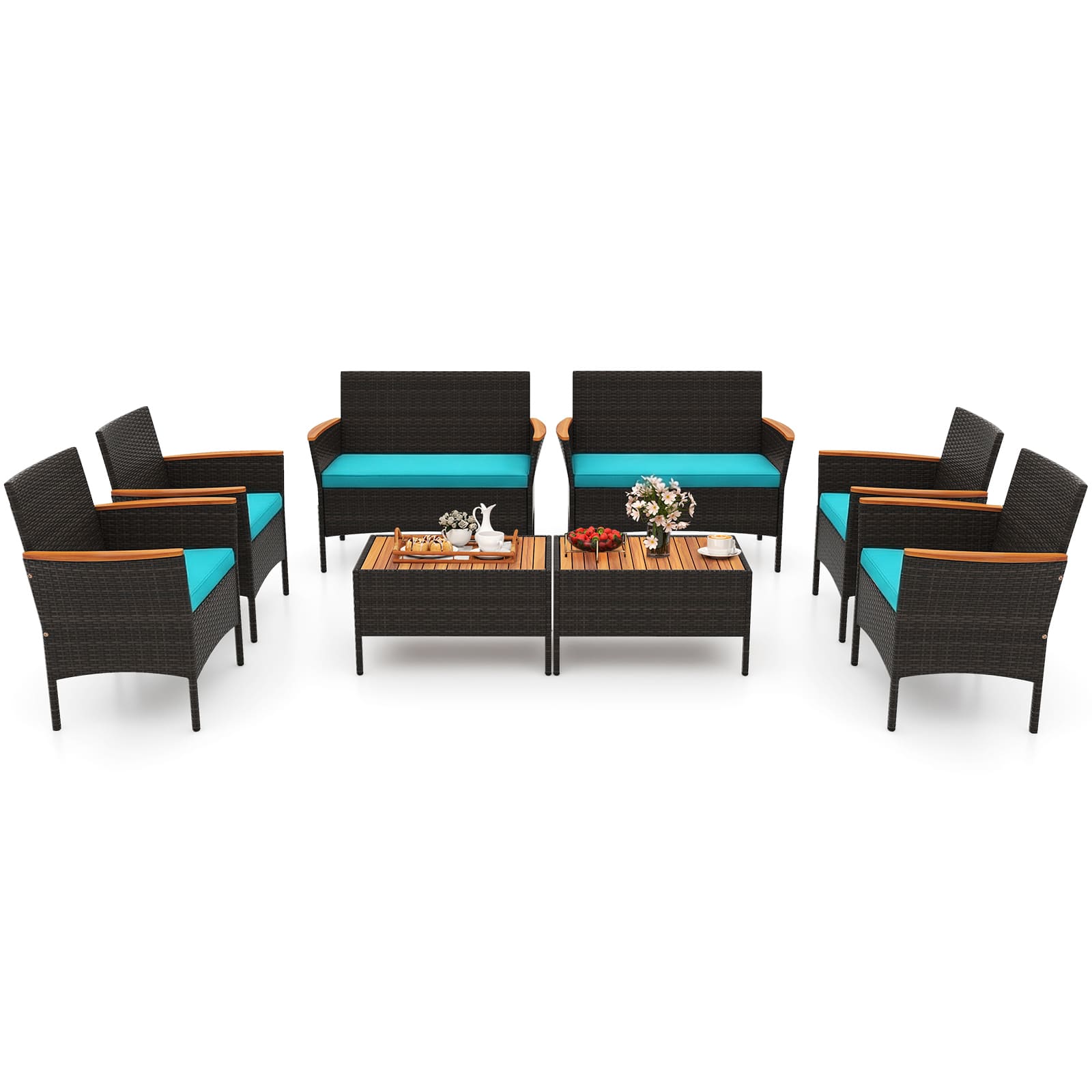 Costway - 8 PCS Patio Wicker Sofa Set with Coffee Table Acacia Wood Armrests & Tabletop - Mix Brown+Turquoise price history on PriceWatchPro