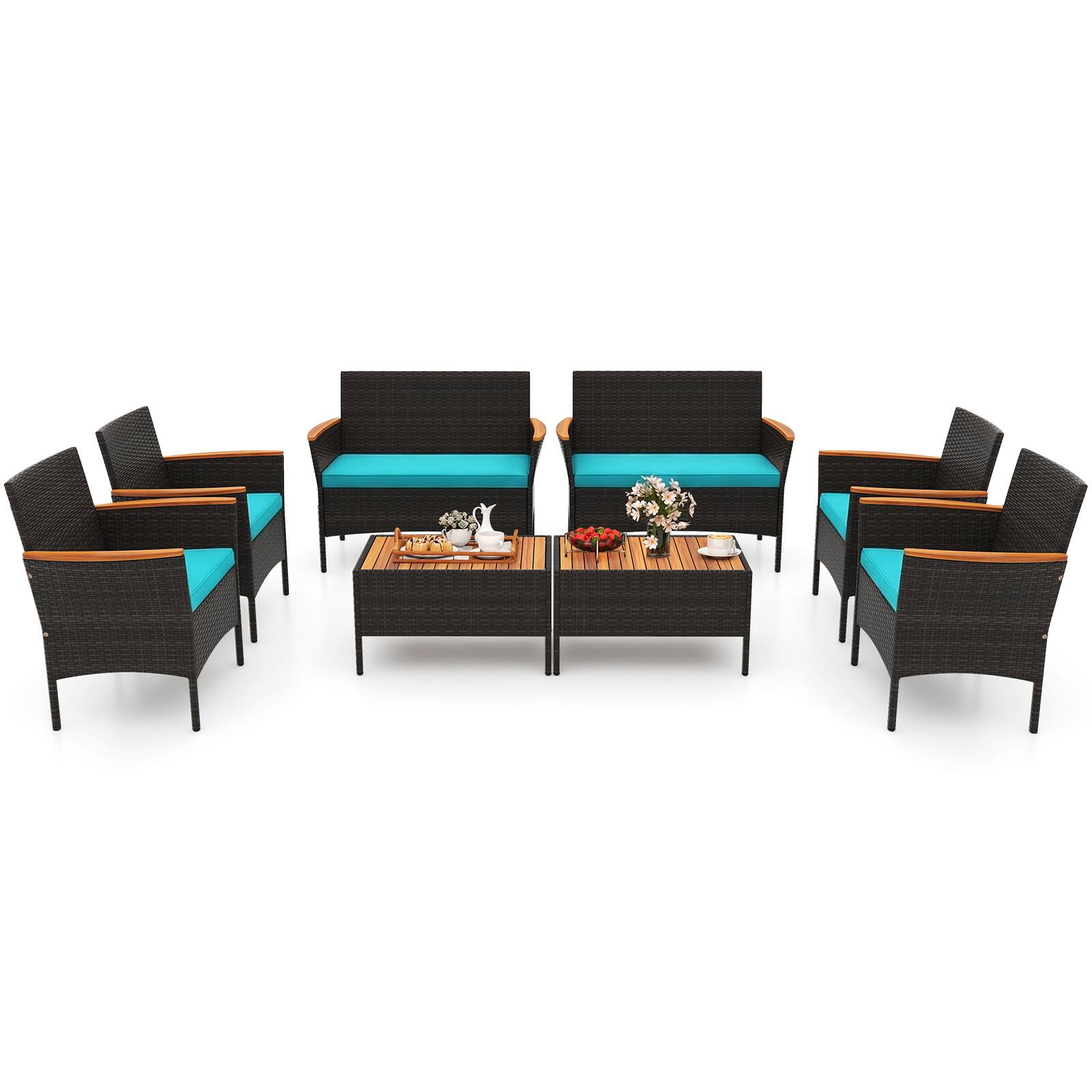 Gymax 8 PCS Patio Wicker Sofa Set w/ Coffee Table Acacia Wood Armrests ...