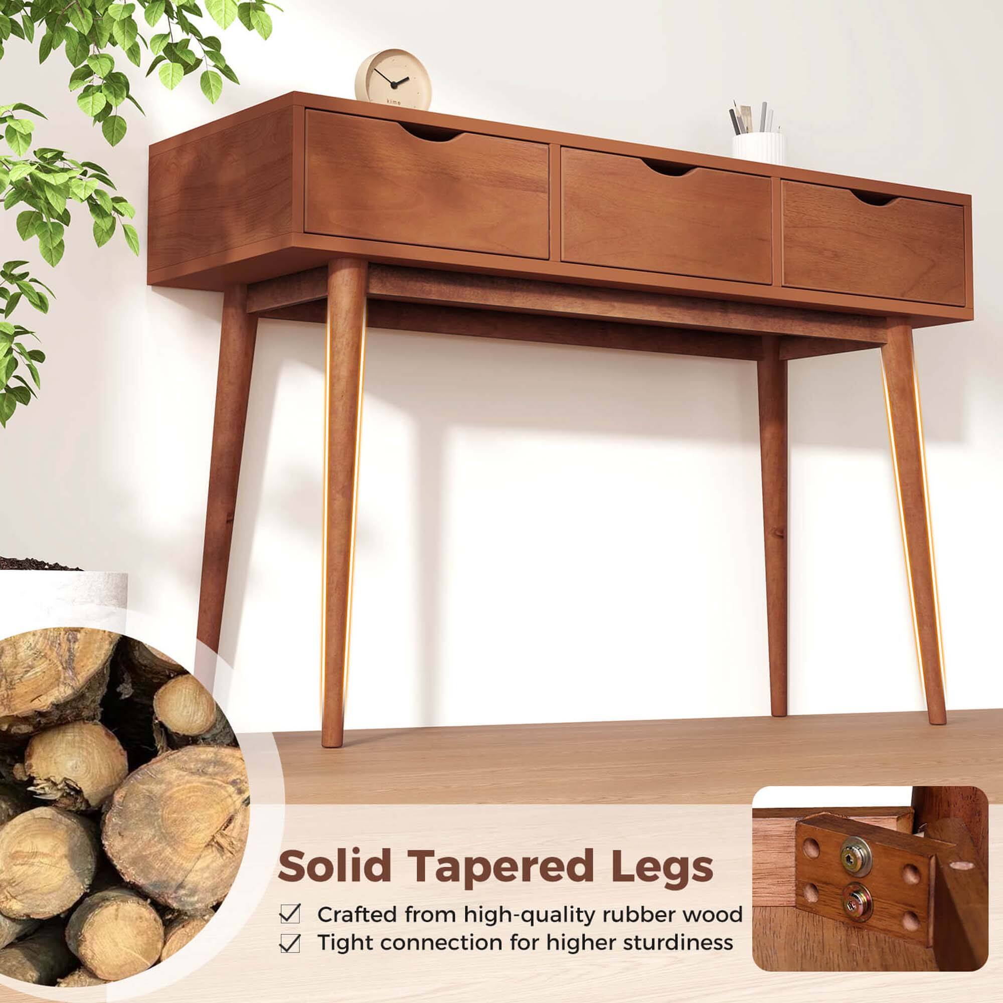 The text on the image reads: "Solid Tapered Legs Crafted from high-quality rubber wood Tight connection for higher sturdiness."