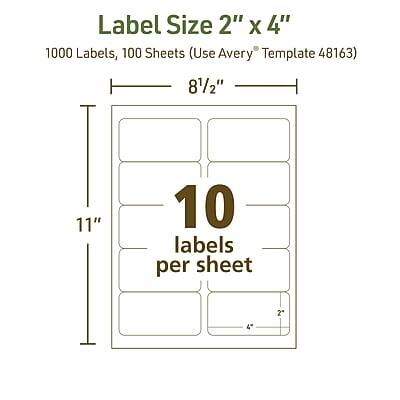 Label Size 2" x 4"  
1000 Labels, 100 Sheets (Use Avery Template 48163)  
8½" x 11"  
10 labels per sheet