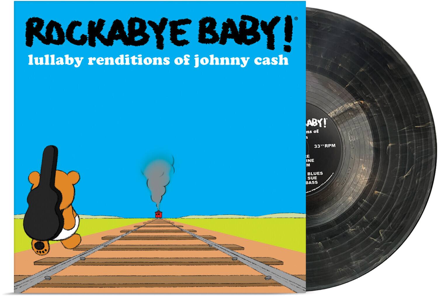ROCKABYE BABY!  
lullaby renditions of johnny cash  

ABY!  
lullaby renditions of johnny cash  
33 1/3 RPM  
E INE M  
BLUES SUE BASS