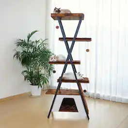 JUJABU - 73" Brown Wooden Cat Tower - Multi-Level Cat Tree with Scratching Posts, Caves, Large Perch & Removable Pads