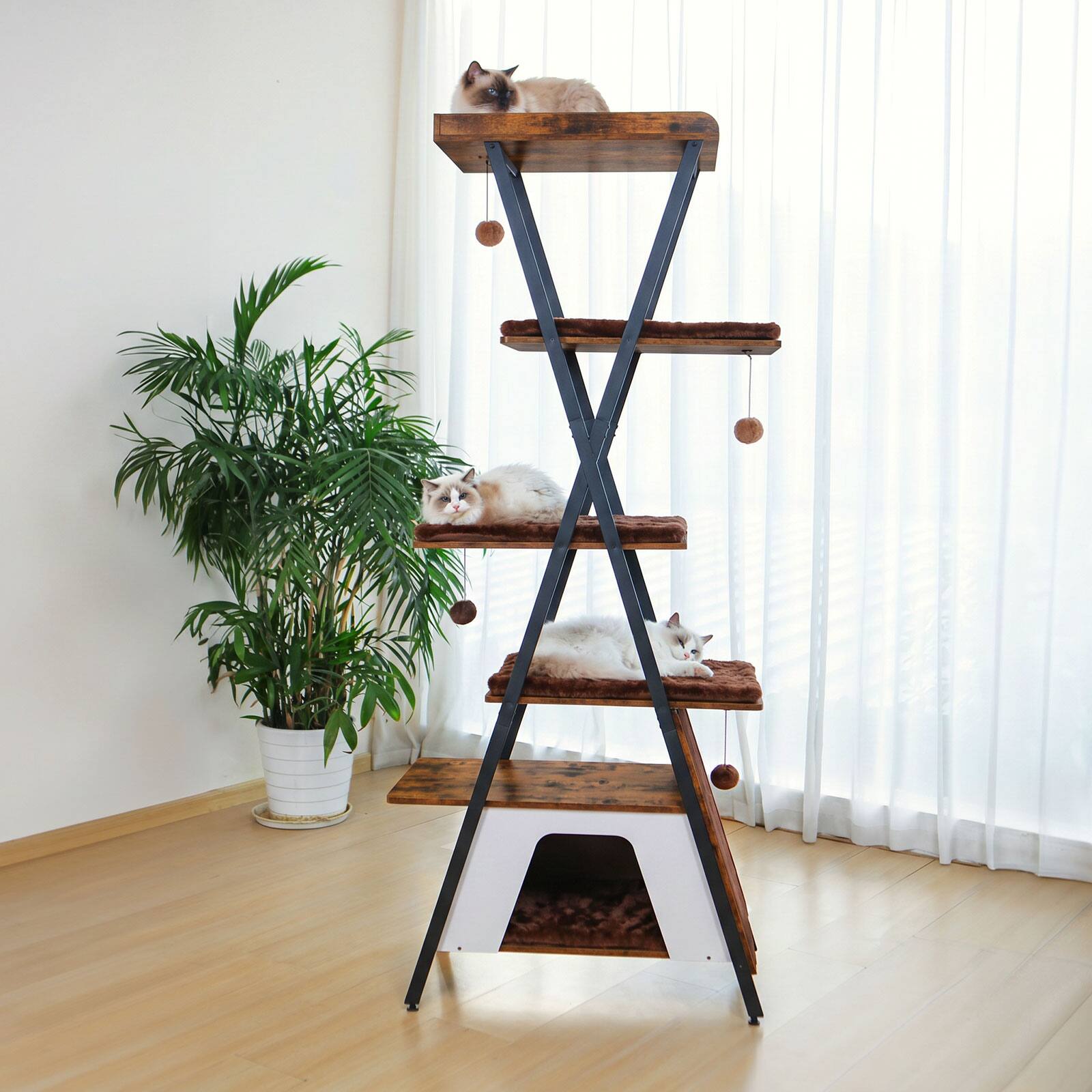Front. JUJABU - 73" Brown Wooden Cat Tower - Multi-Level Cat Tree with Scratching Posts, Caves, Large Perch & Removable Pads.