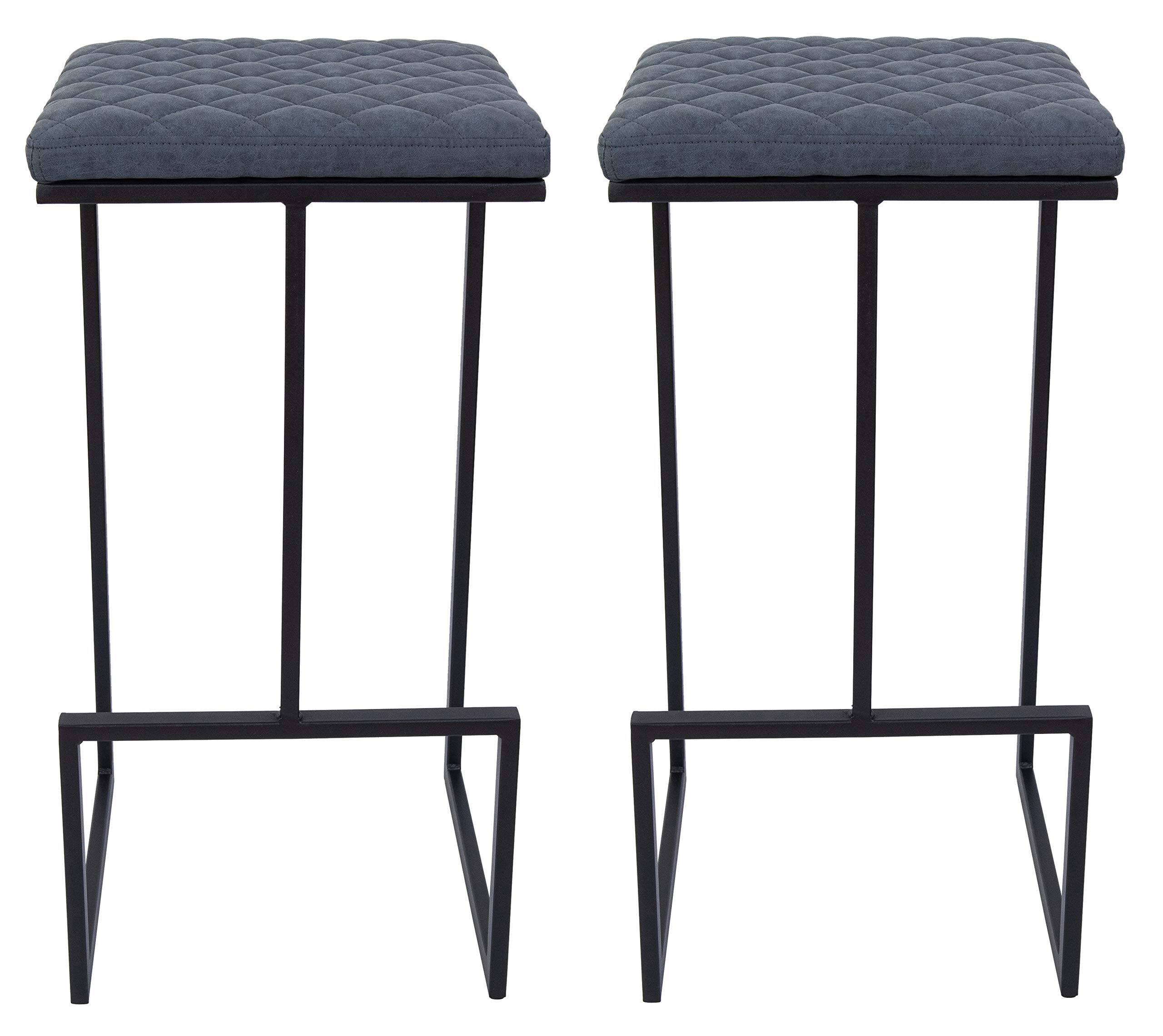 LeisureMod - Quincy Modern Quilted Leather Bar Stool with Black Metal Frame Counter Height Chair Set of 2 - Peacock Blue