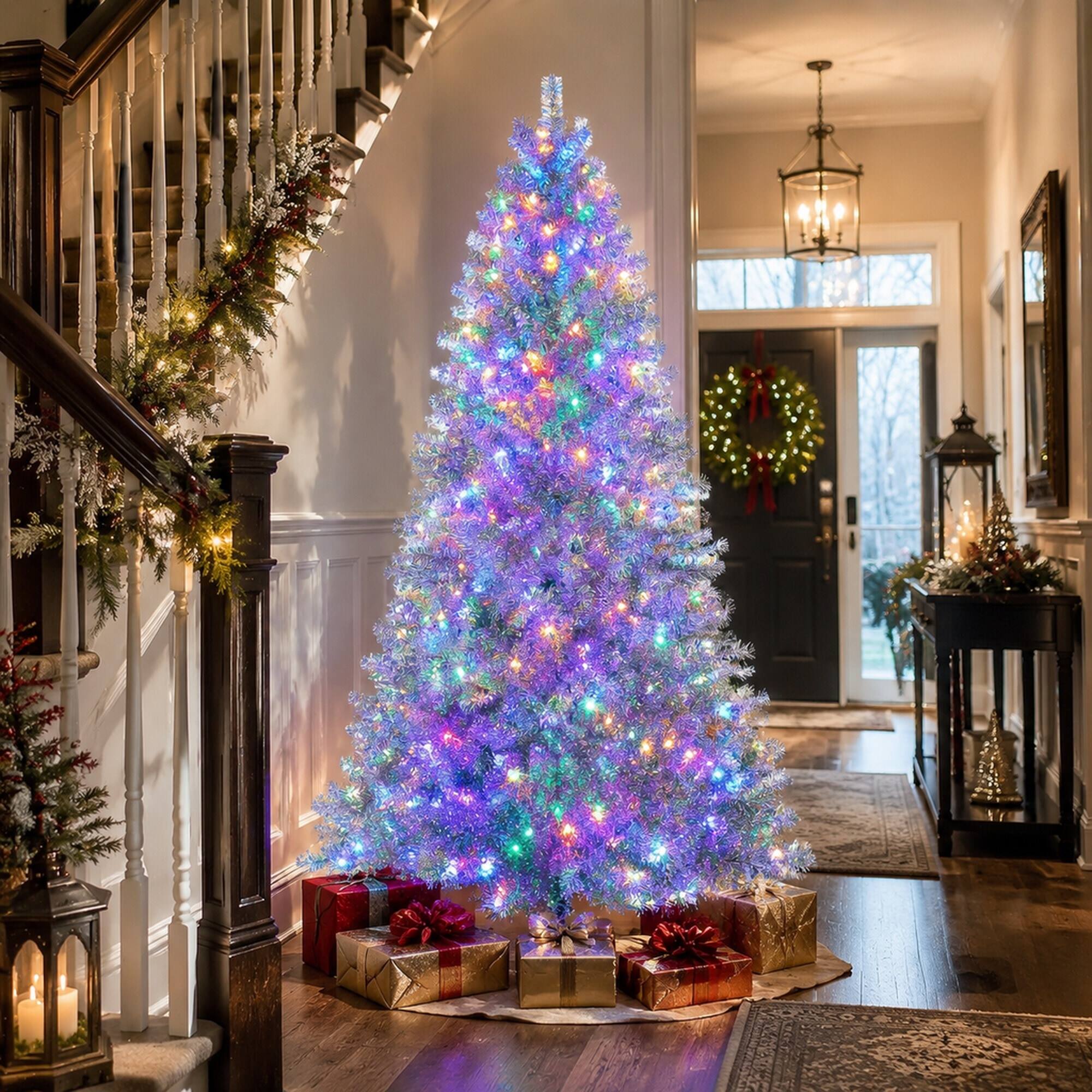 Alt View 1. RYHNUYNE - 6FT Silver Pre-Lit Artificial Christmas Tree, 800 Branch Tips 300 LED Lights 11 Lighting Modes Hinged Metal Stand - Silver.