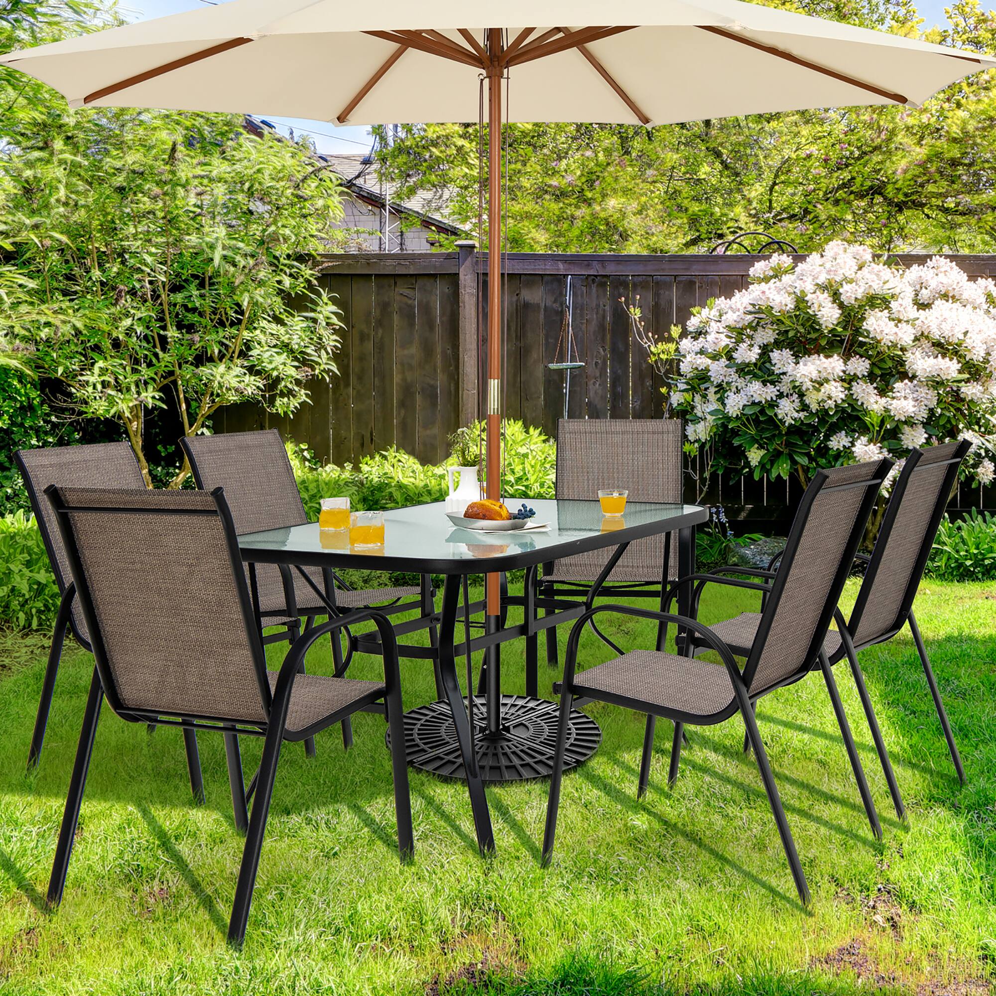 Alt View 3. Gymax - Gymax 7PCS Patio Dining Furniture Set w/ 6 Stackable Armchairs & Umbrella Hole - Brown.