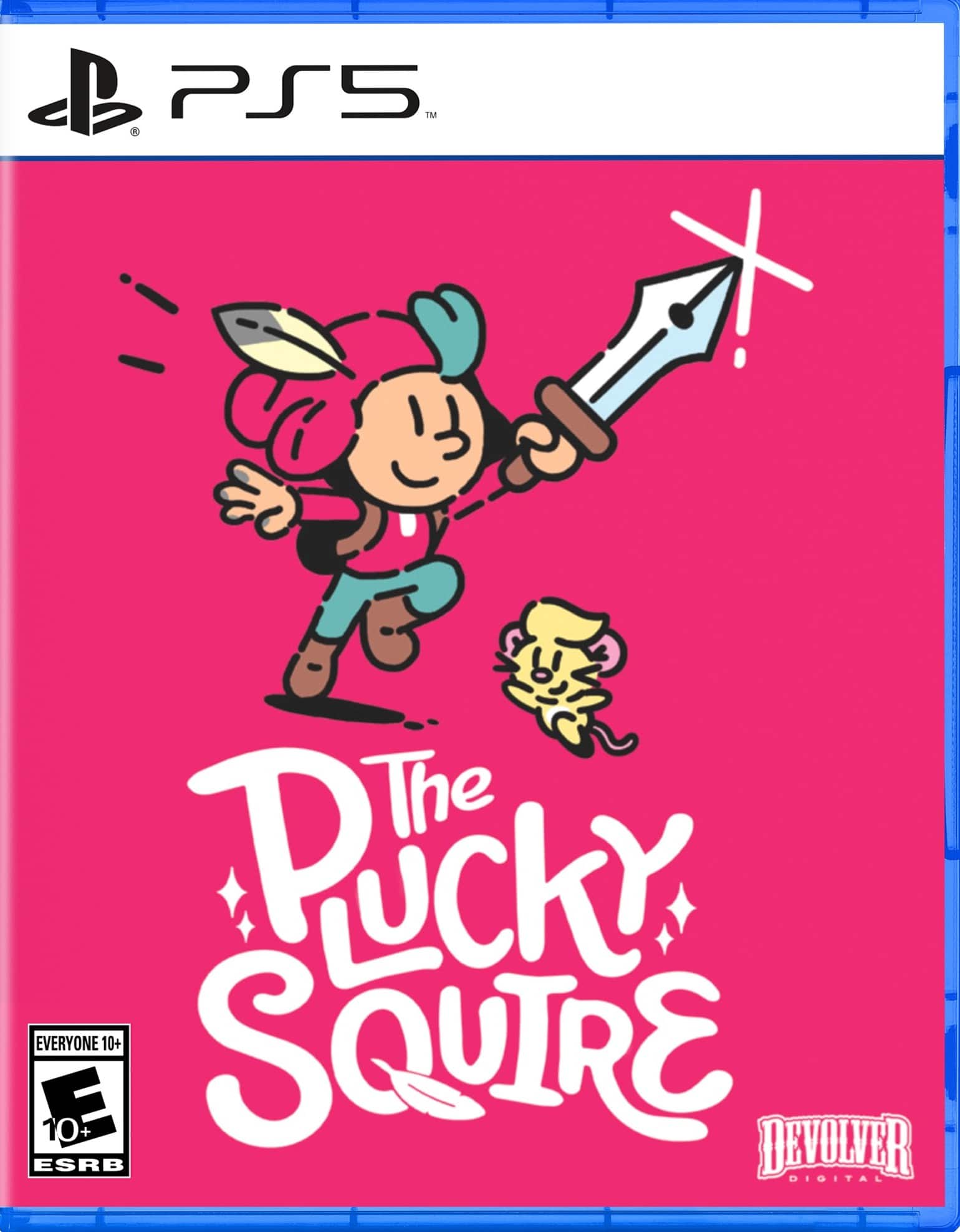 The Pucky Squire is a video game for the PlayStation 5 console, rated E for Everyone and suitable for players aged 10 and up. The game features a character holding a sword and a cat, and it is developed by Devolver.