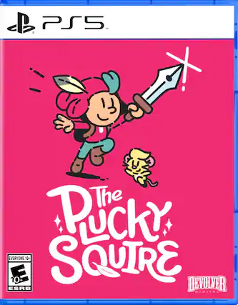 The Pucky Squire is a video game for the PlayStation 5 console, rated E for Everyone and suitable for players aged 10 and up. The game features a character holding a sword and a cat, and it is developed by Devolver. - E10+ (Everyone 10+)