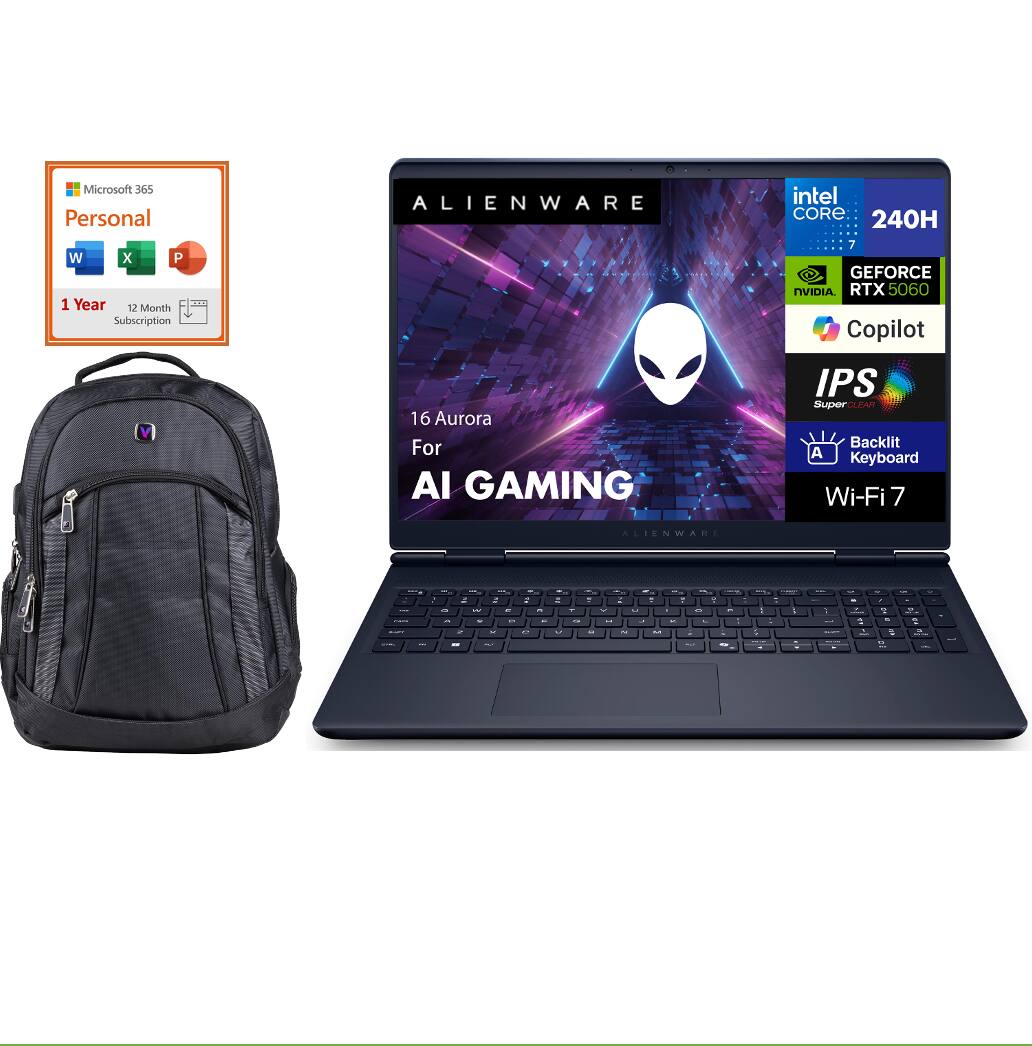 Microsoft 365 Personal 1 Year 12 Month Subscription  
ALIENWARE 16 Aurora For AI GAMING  
Intel Core i7 240H  
NVIDIA GeForce RTX 5060  
Copilot  
IPS Super OLED  
Backlit Keyboard  
Wi-Fi 7  
Alienware