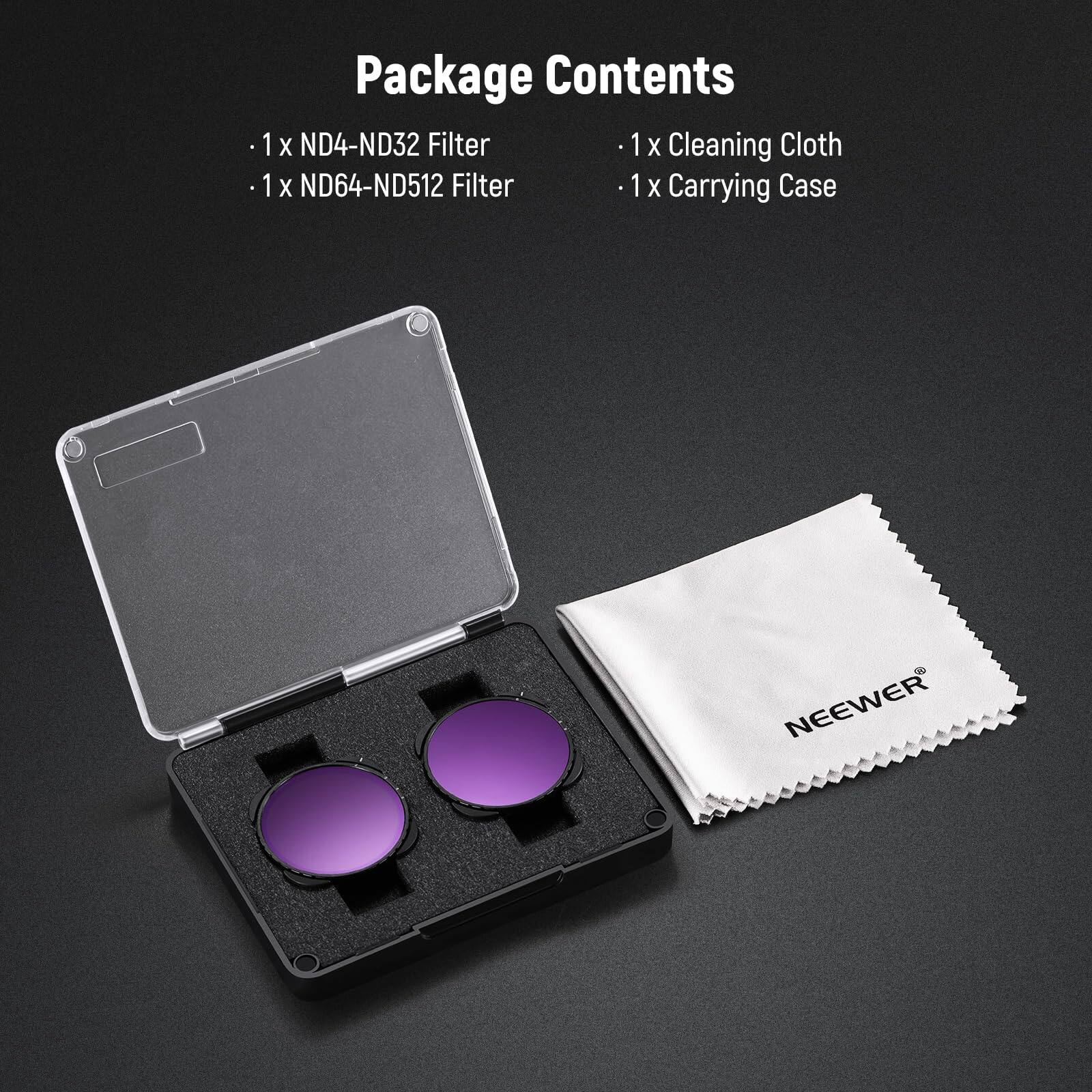 Package Contents

- 1 x ND4-ND32 Filter
- 1 x ND64-ND512 Filter
- 1 x Cleaning Cloth
- 1 x Carrying Case