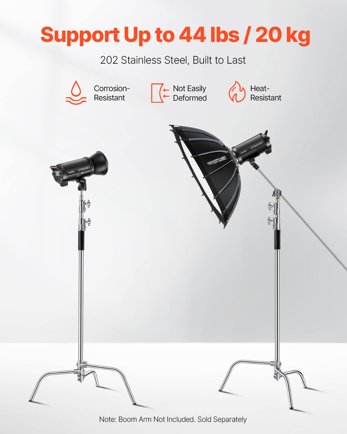 Support Up to 44 lbs / 20 kg

202 Stainless Steel, Built to Last

- Corrosion-Resistant
- Not Easily Deformed
- Heat-Resistant

Note: Boom Arm Not Included. Sold Separately