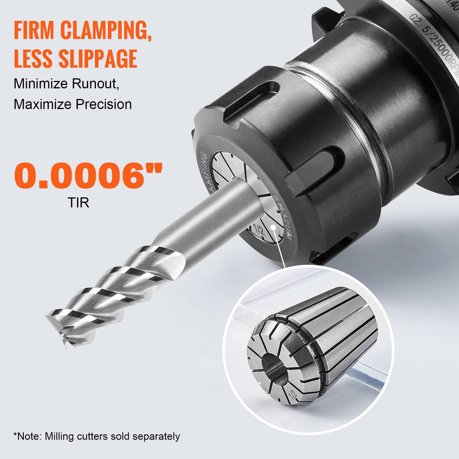 FIRM CLAMPING, LESS SLIPPAGE  
Minimize Runout, Maximize Precision  

0.0006" TIR  

*Note: Milling cutters sold separately