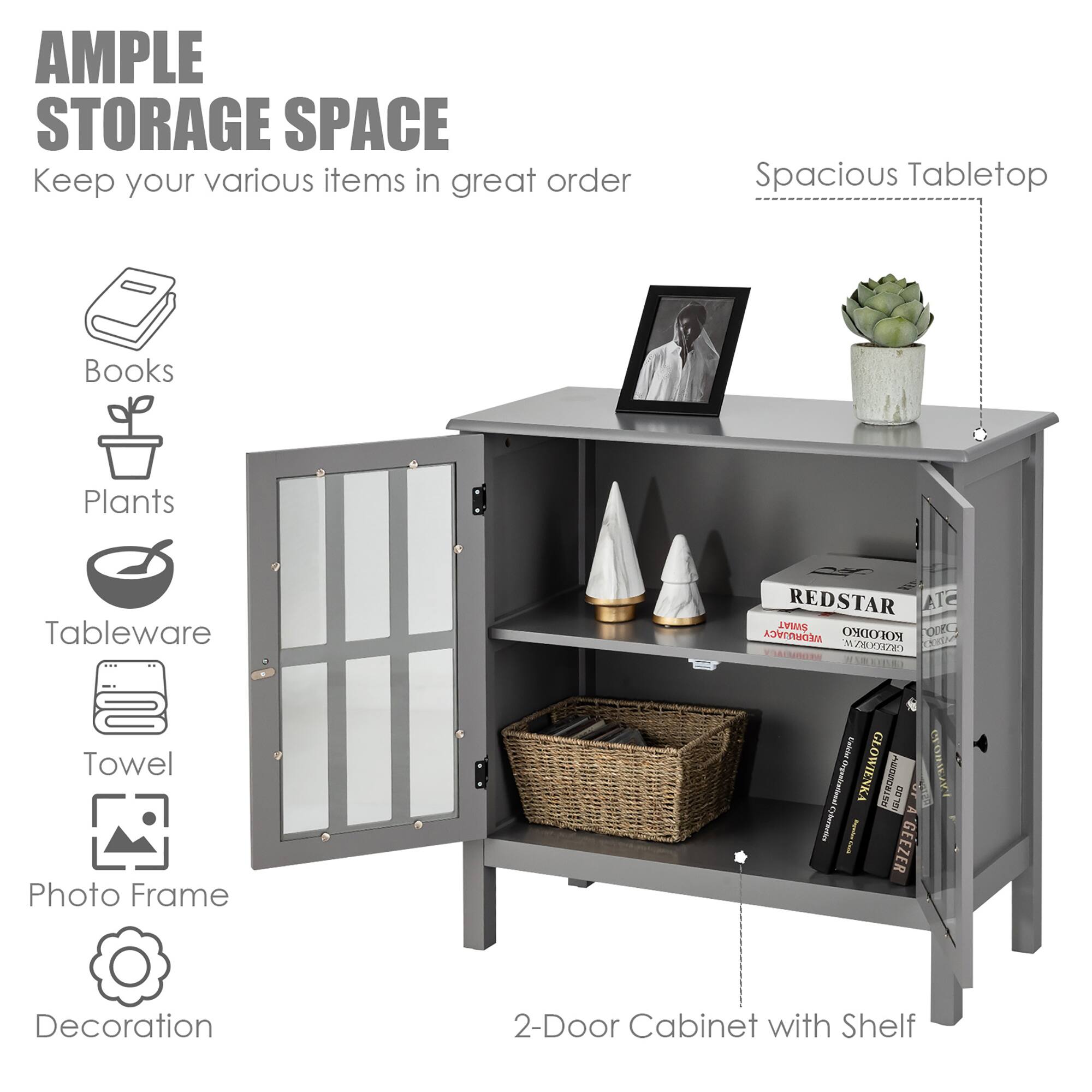 AMPLE STORAGE SPACE Keep your various items in great order Spacious Tabletop Books Plants Tableware Towel Photo Frame Decoration 2-Door Cabinet with Shelf
