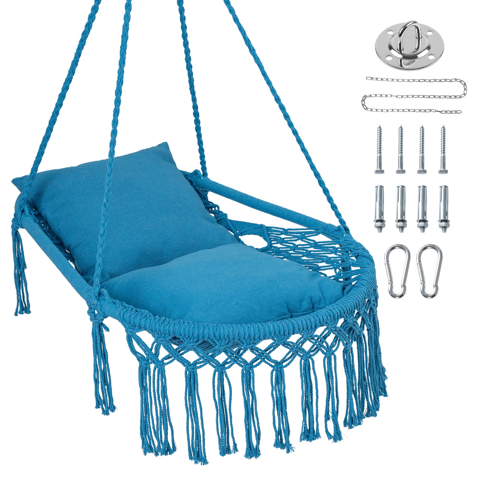 Costway - Macrame Swing Chair with 2 Removable Cushions, Enduring Polyester Cotton Ropes - Blue
