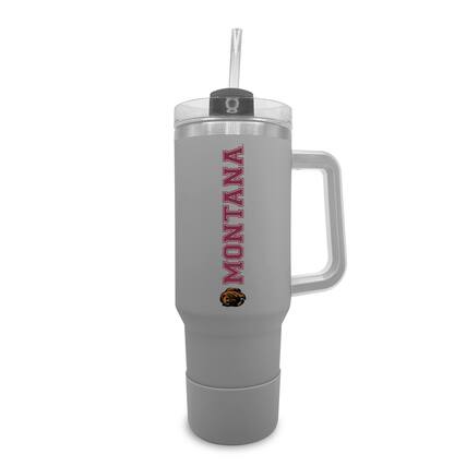 Front. The Fanatic Group - Montana Grizzlies 40oz. Stainless Tumbler with Handle & Removable Straw - Gray.