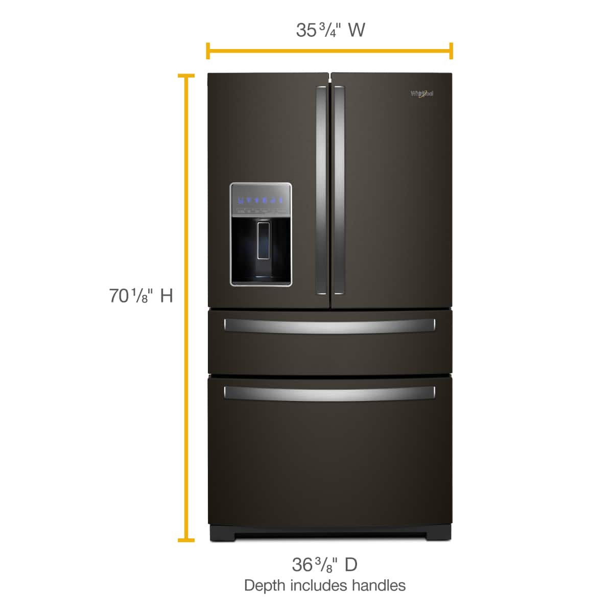 35 3/4" W
70 1/8" H
36 3/8" D
Depth includes handles