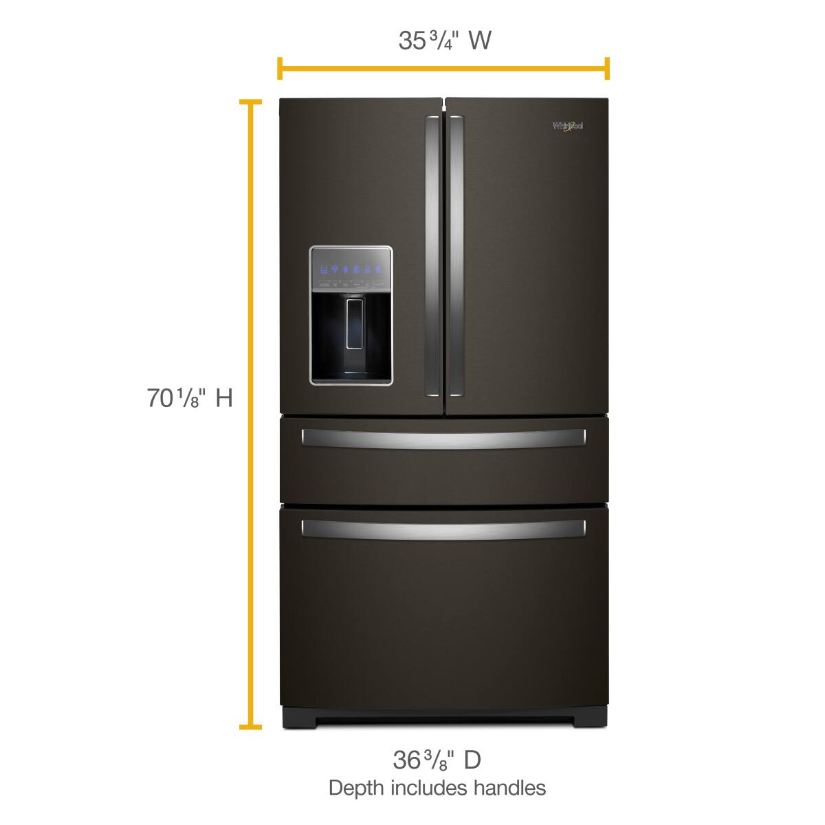 35 3/4" W  
70 1/8" H  
36 3/8" D  
Depth includes handles
