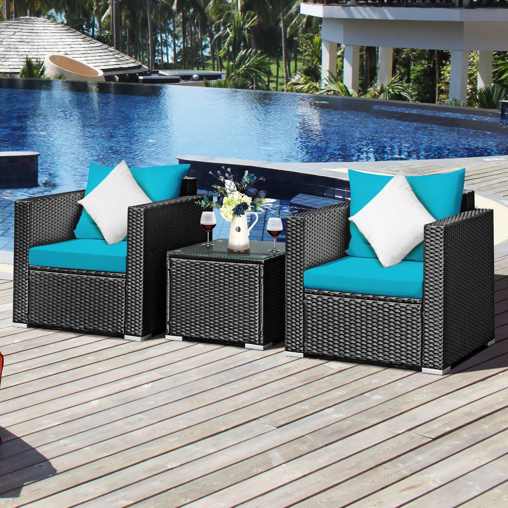 Alt View 1. Costway - 3PCS Patio Rattan Wicker Furniture Set Sofa Table W/Cushion - Turquoise.