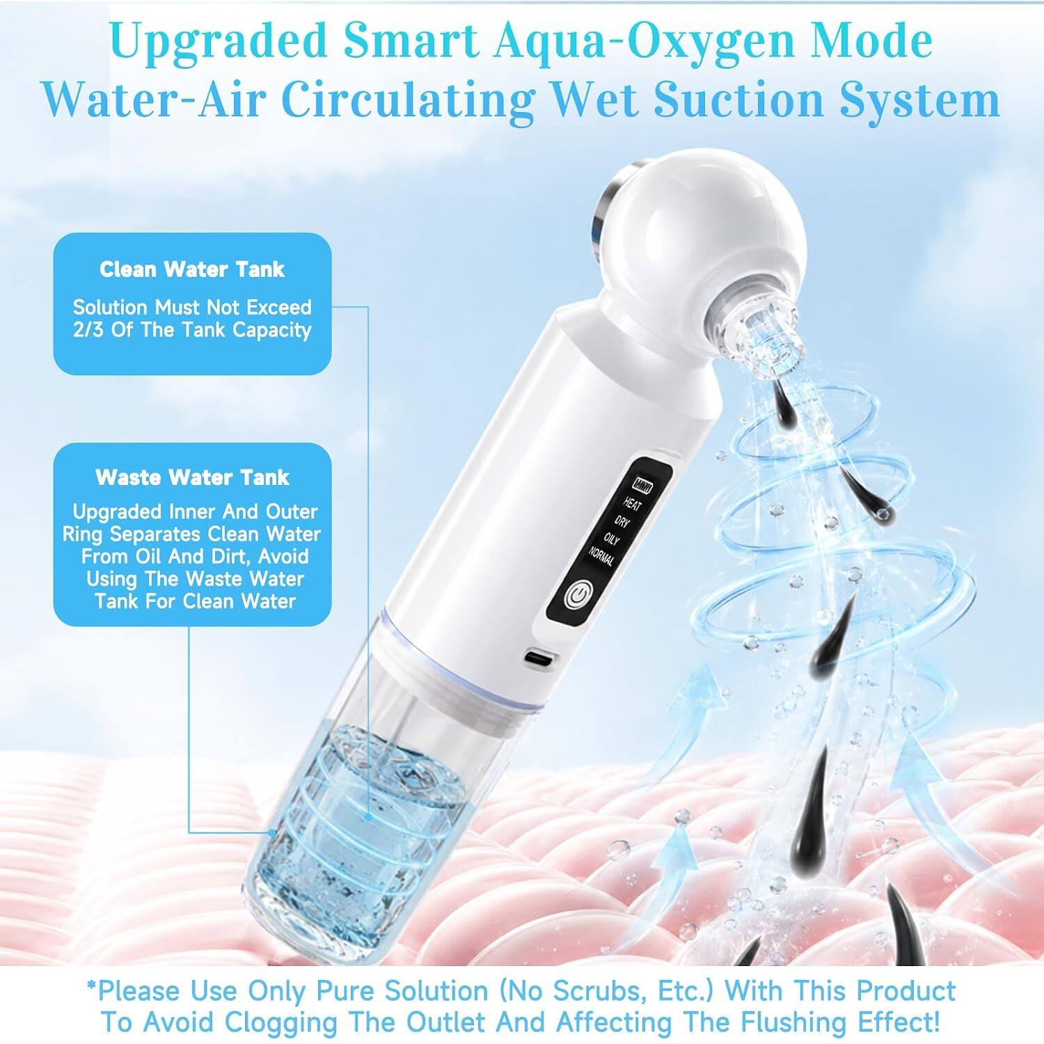 Upgraded Smart Aqua-Oxygen Mode Water-Air Circulating Wet Suction System

Clean Water Tank
Solution Must Not Exceed 2/3 Of The Tank Capacity

Waste Water Tank
Upgraded Inner And Outer Ring Separates Clean Water From Oil And Dirt, Avoid Using The Waste Water Tank For Clean Water

*Please Use Only Pure Solution (No Scrubs, Etc.) With This Product To Avoid Clogging The Outlet And Affecting The Flushing Effect!