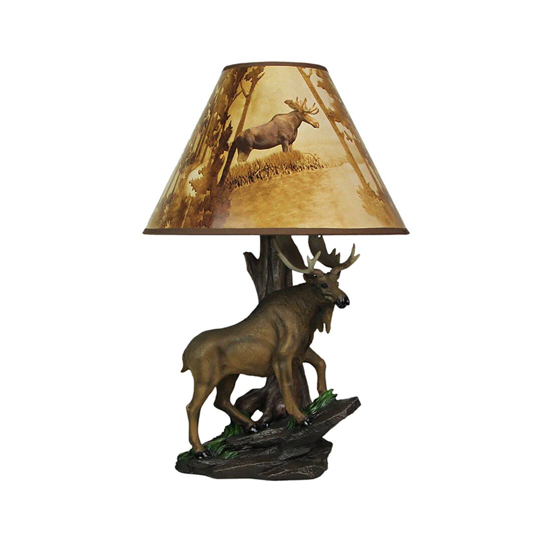 Zeckos - North American Bull Moose Table Lamp w/ Shade - Brown