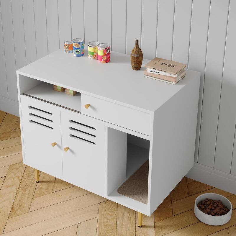 Alt View 1. GARVEE - Hidden Cat Litter Box Enclosure - End Table w/2 Storage Compartments, Scratching Mat & Ventilation, Dog-Proof Design - White.