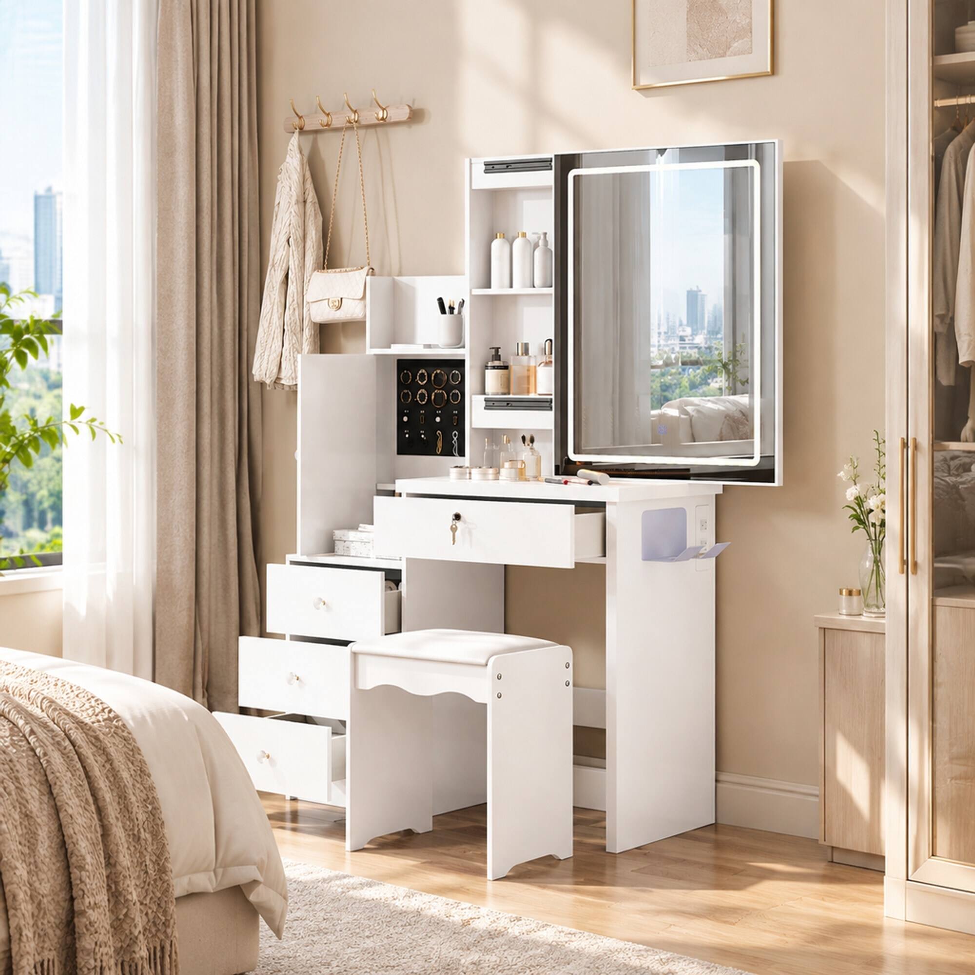 Angle. RYHNUYNE - White Vanity Desk Set, Sliding Lighted Mirror, 4 Drawers, 9 Storage Spaces, Cushioned Stool, MDF - White.