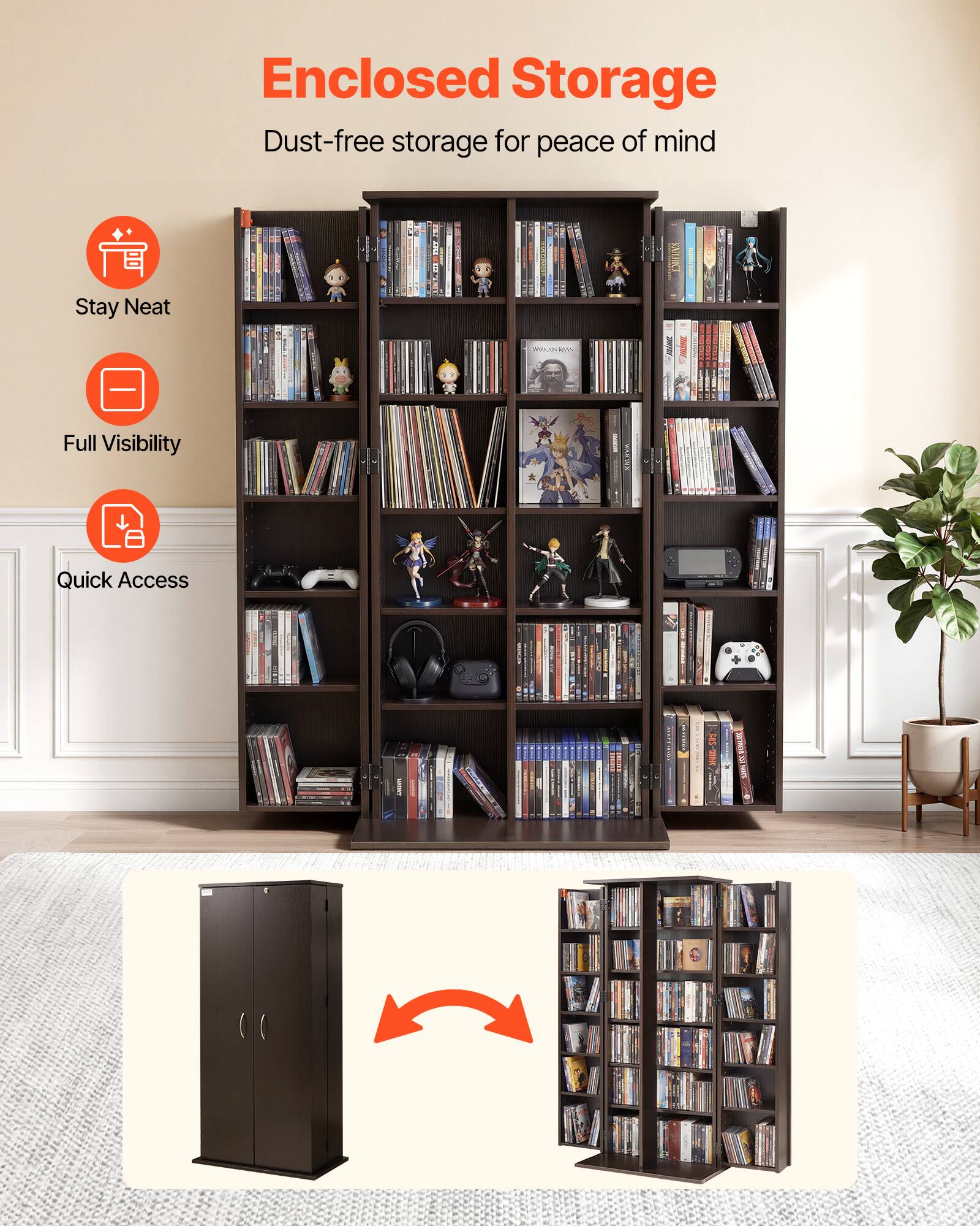 Enclosed Storage  
Dust-free storage for peace of mind  

- Stay Neat  
- Full Visibility  
- Quick Access