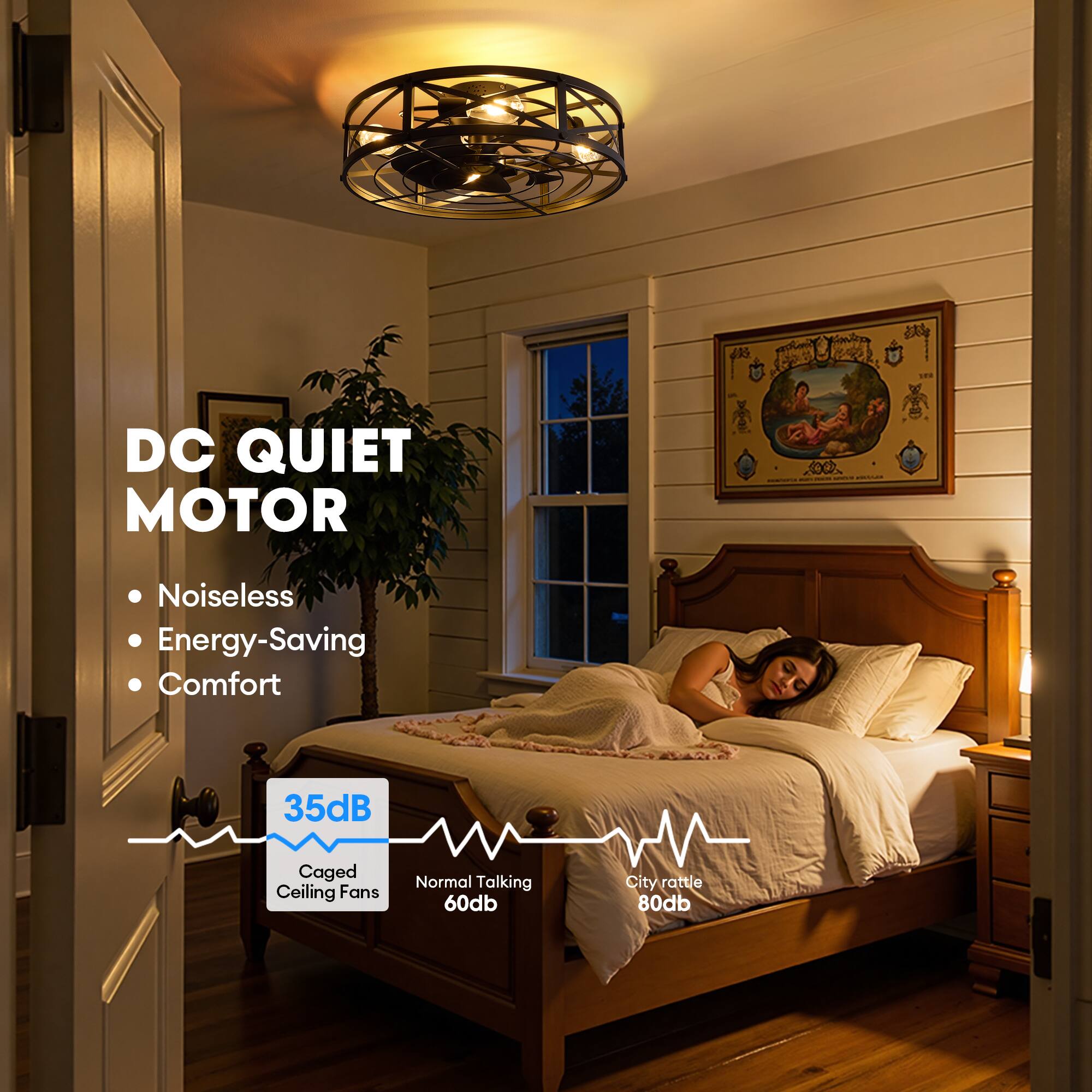 DC QUIET MOTOR

- Noiseless
- Energy-Saving
- Comfort

35dB
Caged Ceiling Fans

Normal Talking 60db
City rattle 80db
