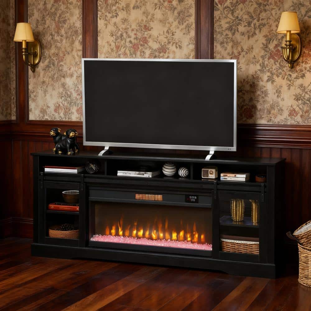 TinyHomie - TV Console with Electric Fireplace Open Storage and Side Cabinets - Black