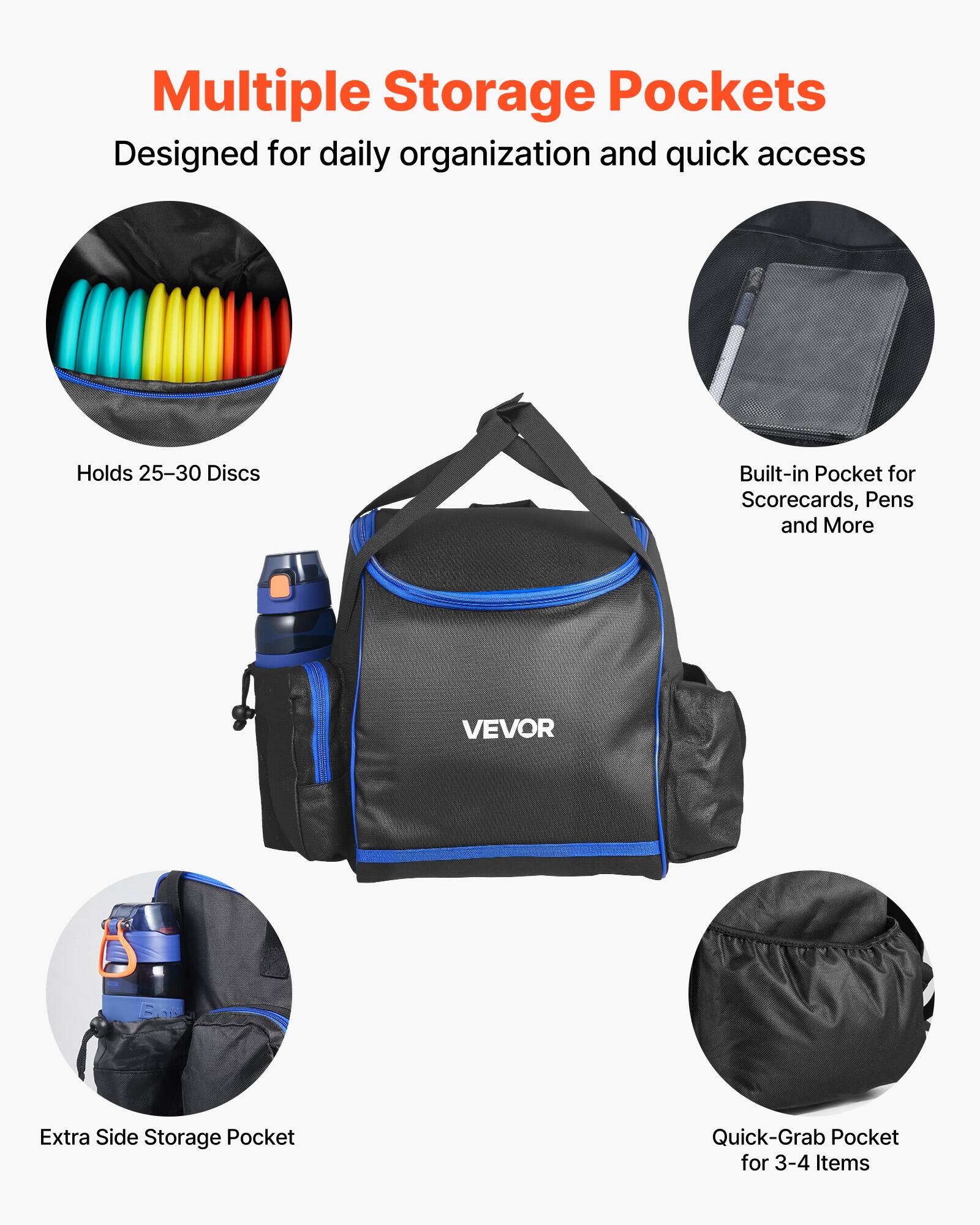 Multiple Storage Pockets  
Designed for daily organization and quick access  

- Holds 25-30 Discs  
- Built-in Pocket for Scorecards, Pens and More  
- Extra Side Storage Pocket  
- Quick-Grab Pocket for 3-4 Items