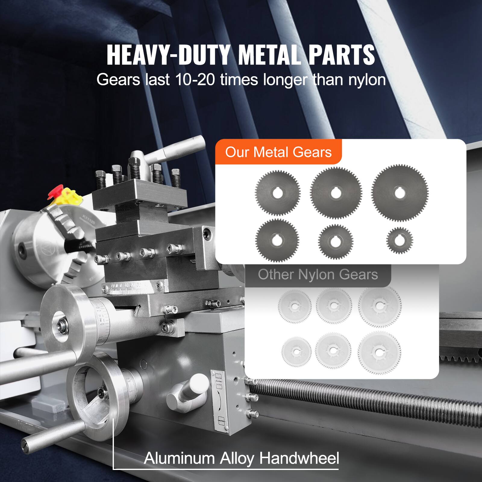 HEAVY-DUTY METAL PARTS  
Gears last 10-20 times longer than nylon

Our Metal Gears  
Other Nylon Gears

Aluminum Alloy Handwheel