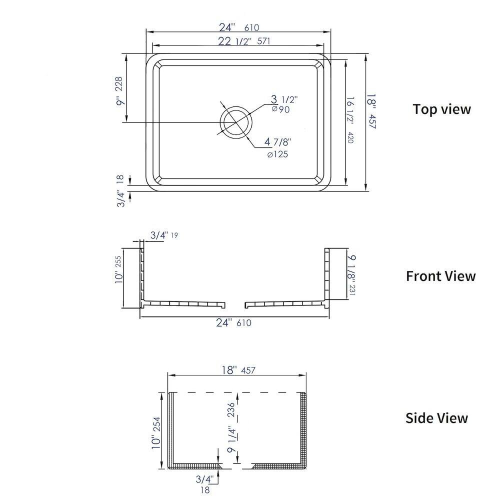 Sure, here is the corrected and grouped text from the image:

**Top view:**
- 24" 610
- 22 1/2" 571
- 9" 228
- 3 1/2" 90
- 4 7/8" 125
- 16 1/2" 420
- 18" 457

**Front View:**
- 24" 610
- 18" 457
- 10" 254
- 3/4" 18

**Side View:**
- 18" 457
- 10" 254
- 3/4" 18
- 9 1/8" 231
- 1/4" 9
- 16 1/2" 420
- 3 1/2" 90
- 4 7/8" 125