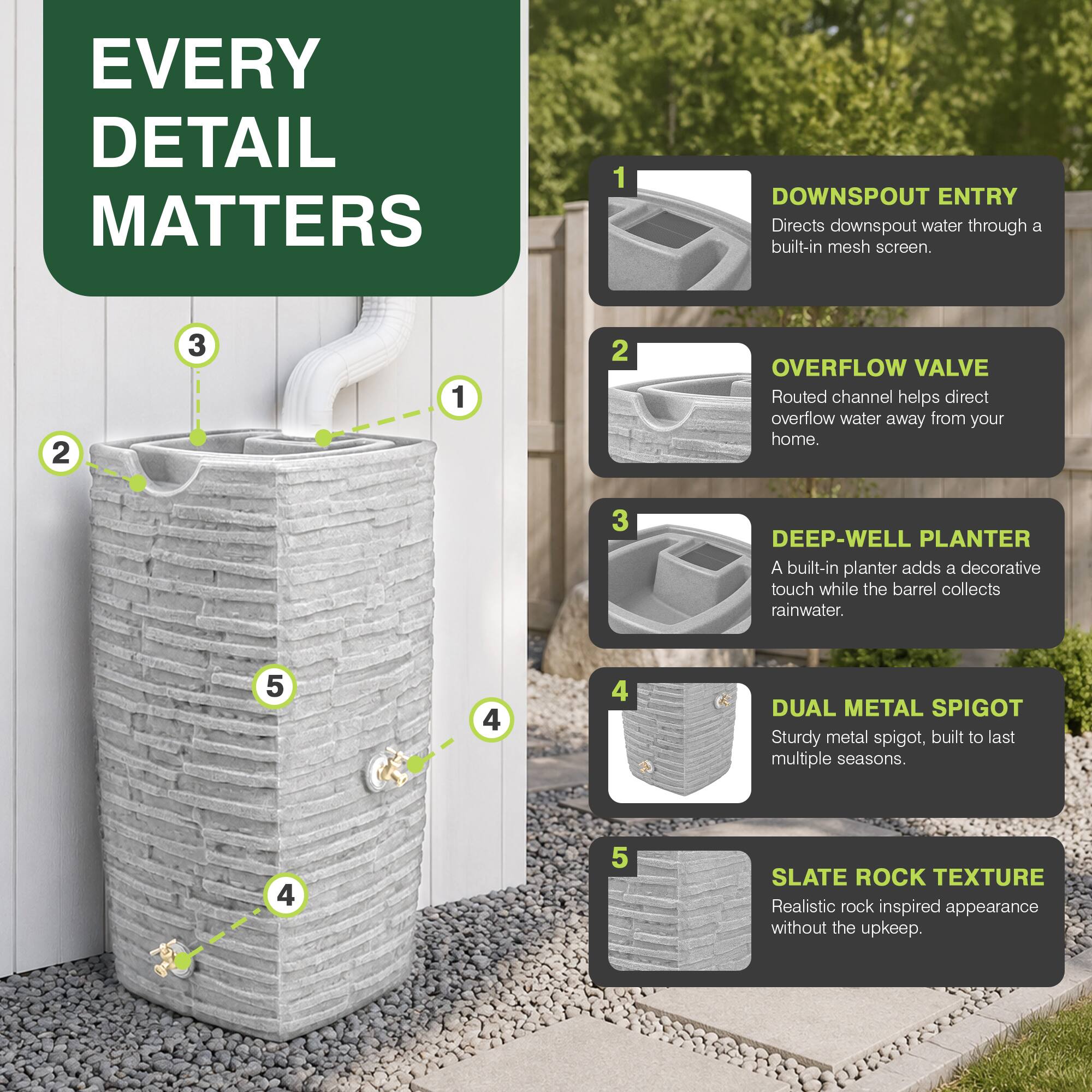 EVERY DETAIL MATTERS

1. DOWNSPOUT ENTRY
   - Directs downspout water through a built-in mesh screen.

2. OVERFLOW VALVE
   - Routed channel helps direct overflow water away from your home.

3. DEEP-WELL PLANTER
   - A built-in planter adds a decorative touch while the barrel collects rainwater.

4. DUAL METAL SPIGOT
   - Sturdy metal spigot, built to last multiple seasons.

5. SLATE ROCK TEXTURE
   - Realistic rock inspired appearance without the upkeep.