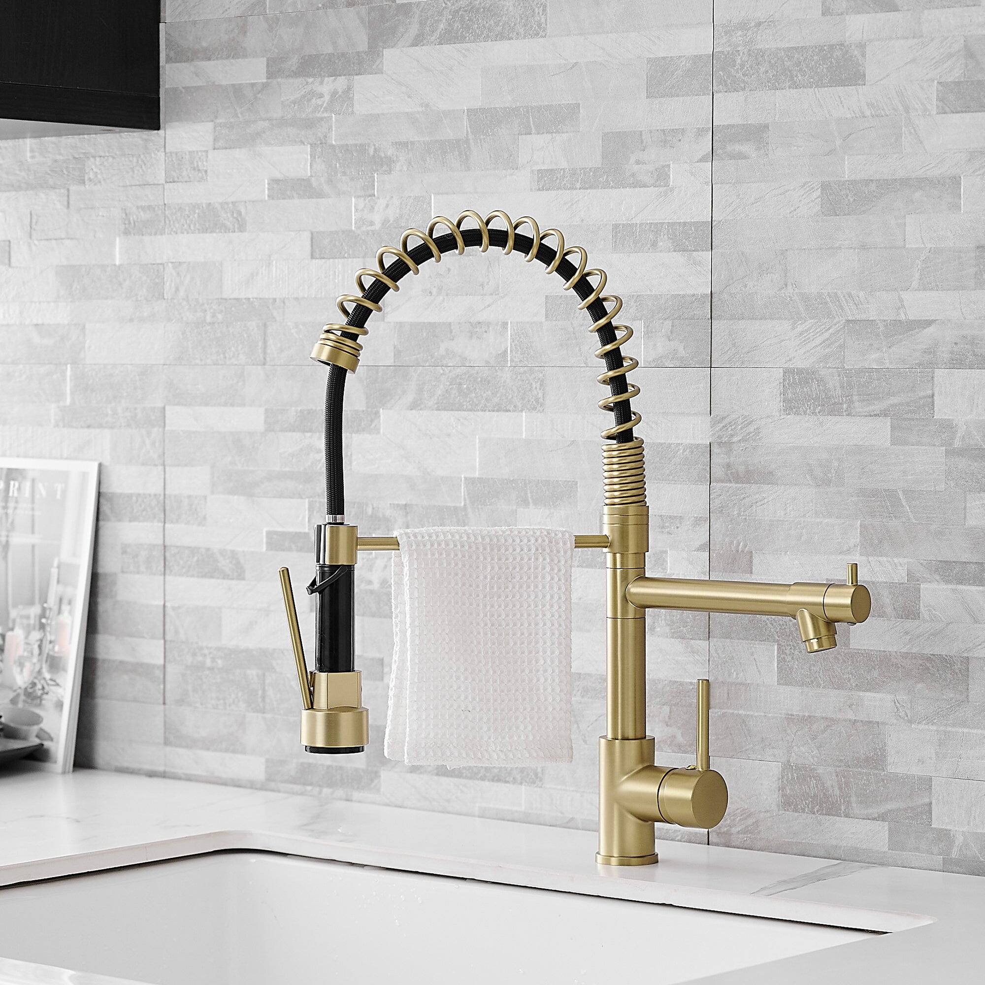 Left. Boyel Living - Brushed Gold 2 Spray Patterns Single Handle No Sensor Pull Down Sprayer Kitchen Faucet with Pot Filler - Brushed Gold.