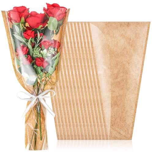ESBANY - 30 Packs Flower Bags for Bouquets Kraft Floral Wrapping Paper 16.5 x 9.5 x3.5 inch Floral Packing Bouquet Sleeves for - brown, clear